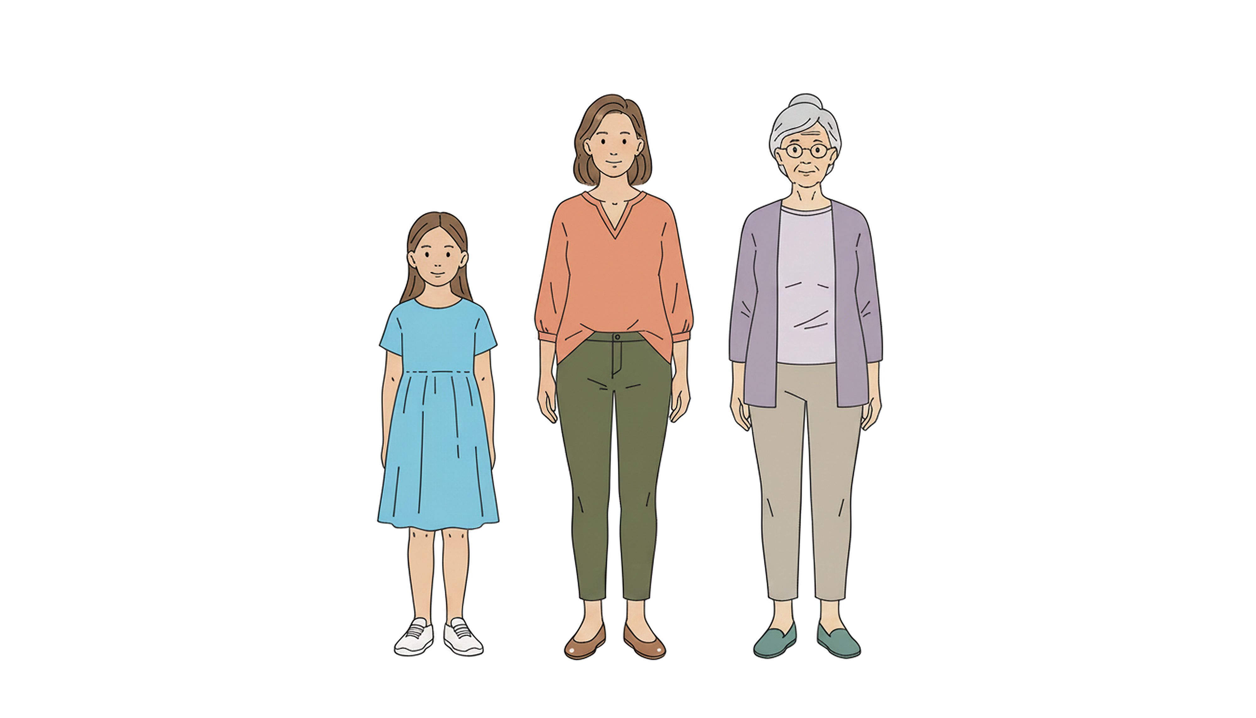 Eine Illustration einer Frau als Kind und Jugendliche, als Erwachsene, als Seniorin.