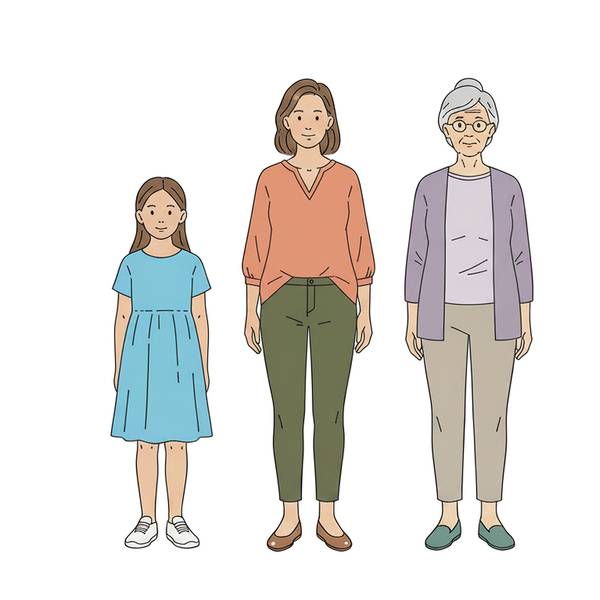 Eine Illustration einer Frau als Kind und Jugendliche, als Erwachsene, als Seniorin.