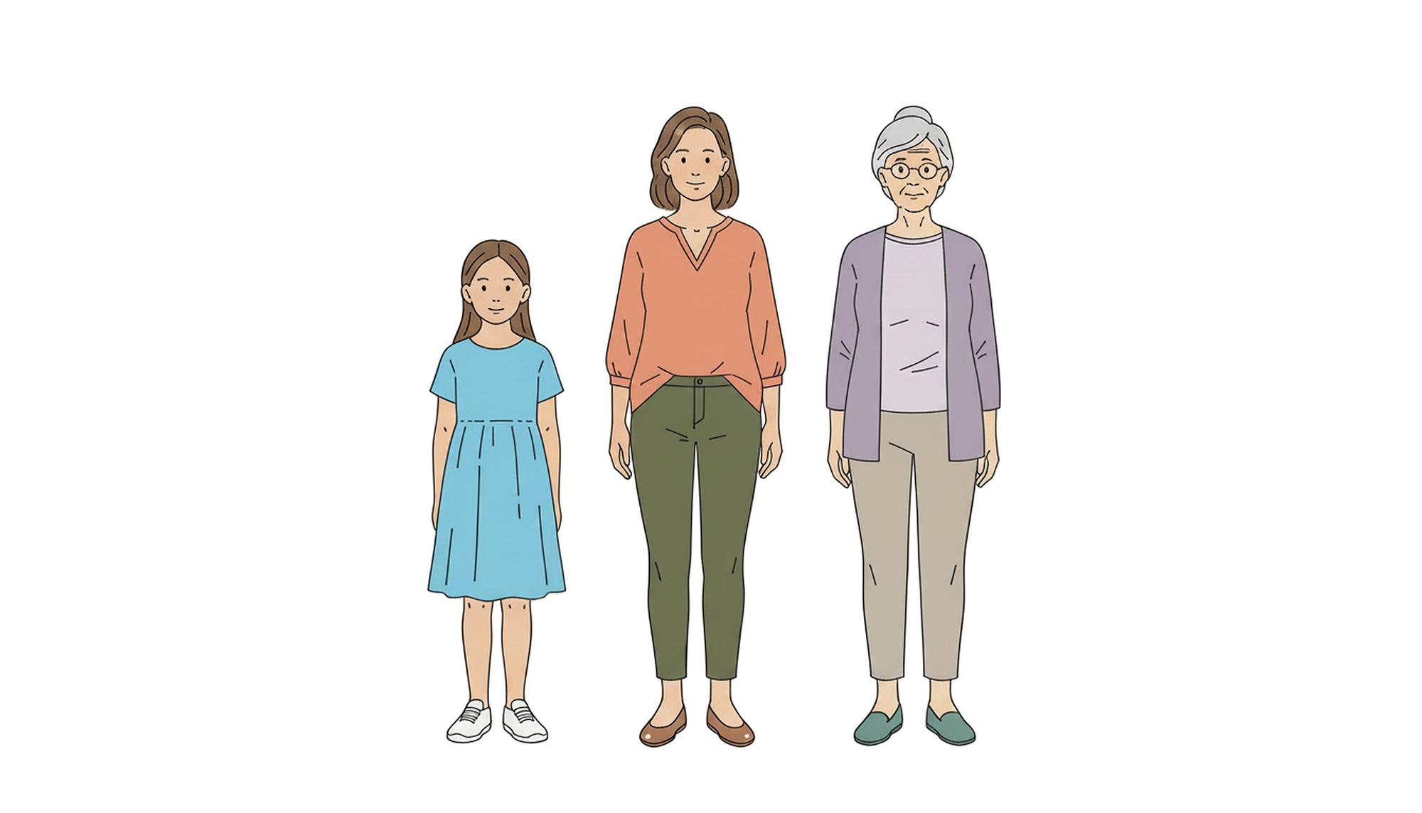 Eine Illustration einer Frau als Kind und Jugendliche, als Erwachsene, als Seniorin.