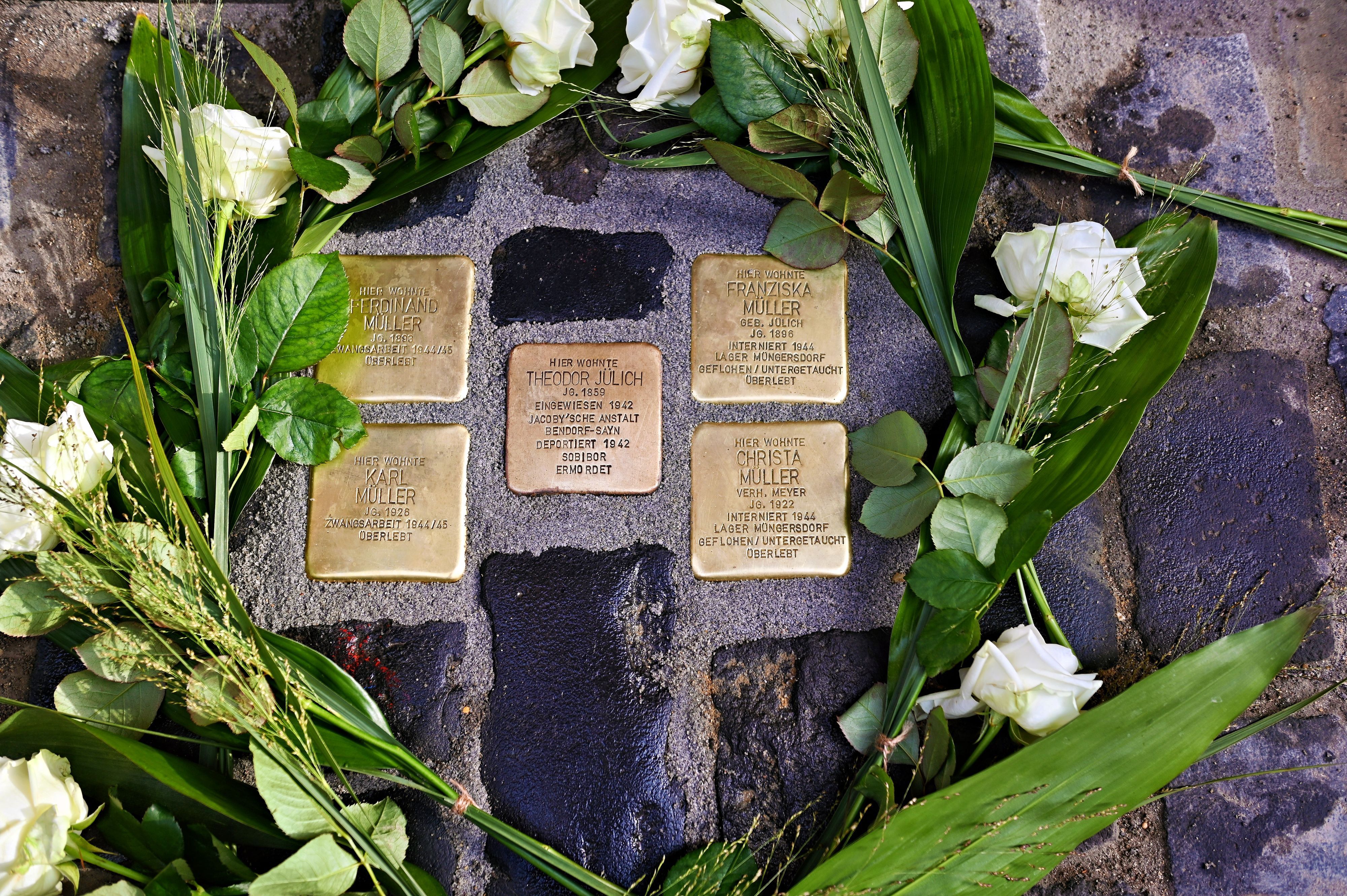 Die Stolpersteine sind von weißen Rosen umgeben.