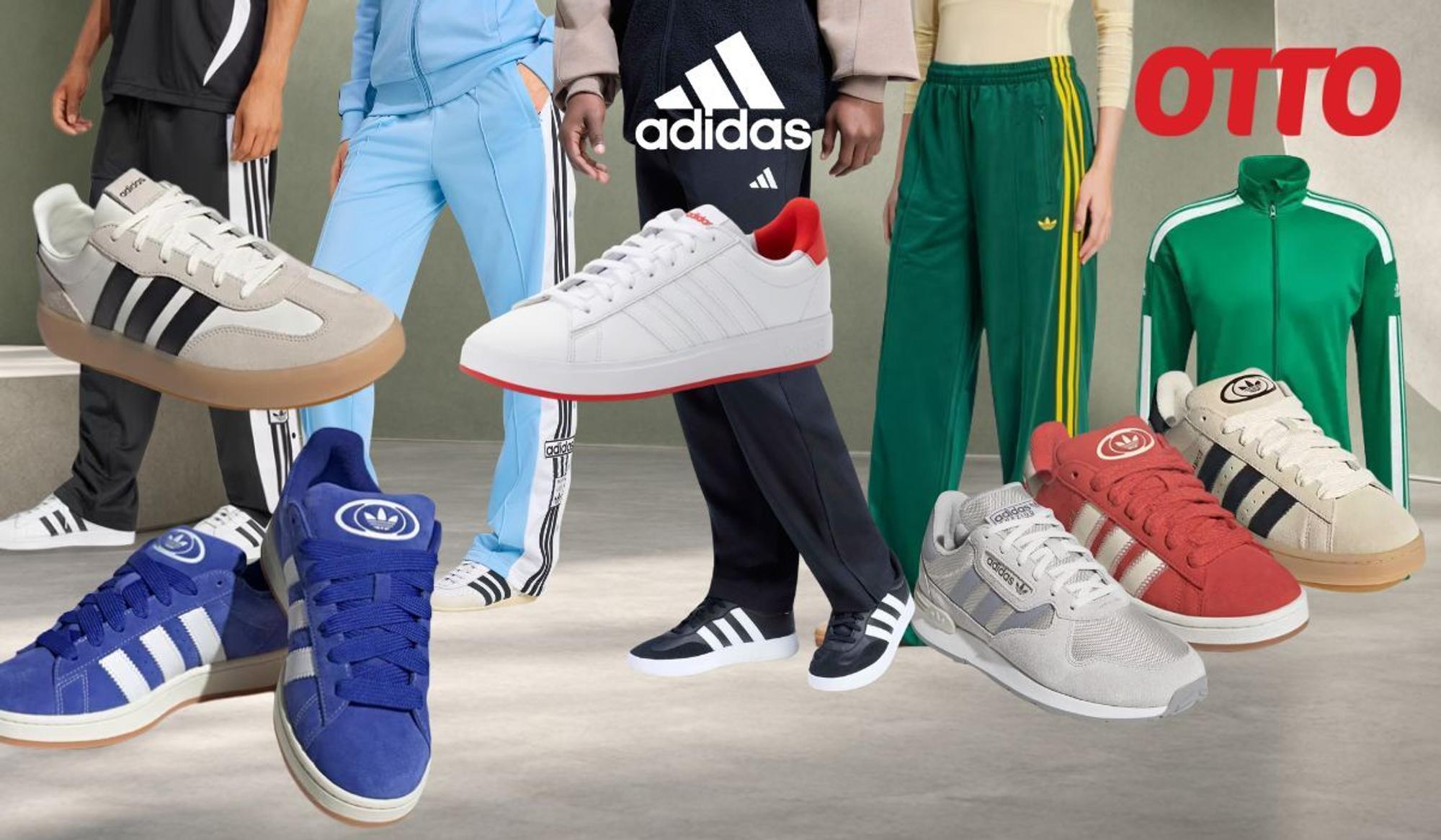 adidas Sneaker, Sportmode, Trainingshosen, Trainingsjacken vor einem Hintergrund mit Raum in gedeckten Farben