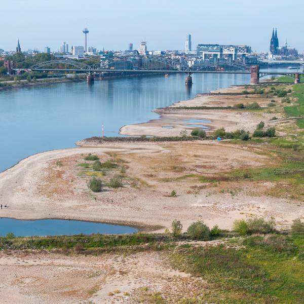 28.09.2026, Köln: Der Rhein hat immer weniger Wasser. Der Fluss führt Niedrigwasser, am Morgen wurde ein Pegelstand von nur noch 40cm KP und damit ein neuer historischer Rekord erreicht. Der Rheinpegel soll in den nächsten Tagen weiter sinken. Das Herbstwetter ist warm und trocken. Luftbild mit Drohne. Foto: Uwe Weise