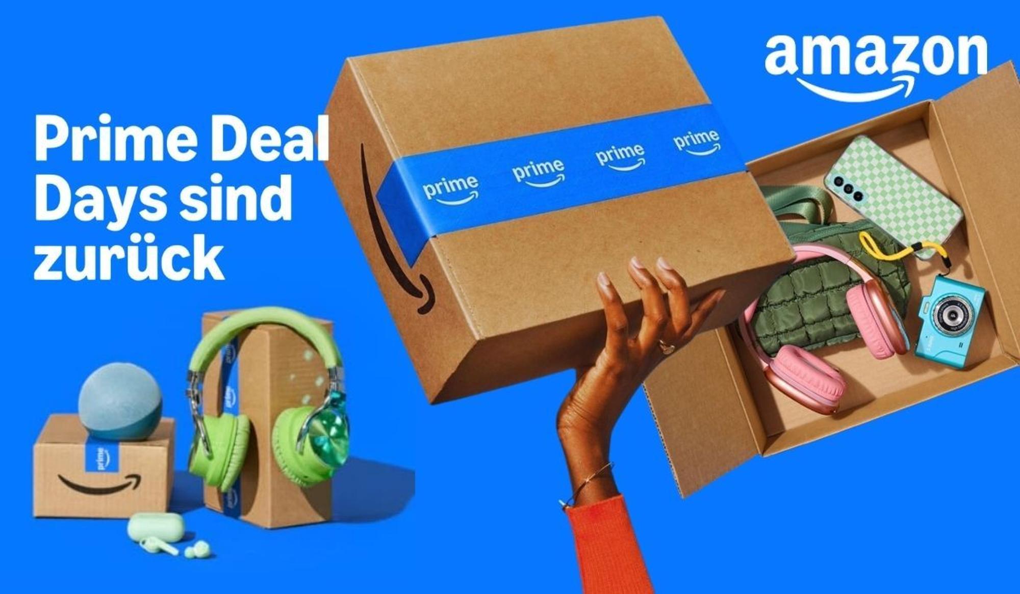 Prime Deal Days Ankündigung 6. und 7. Oktober mit Design von Amazon Paketen und Produkten auf blauem Hintergrund.