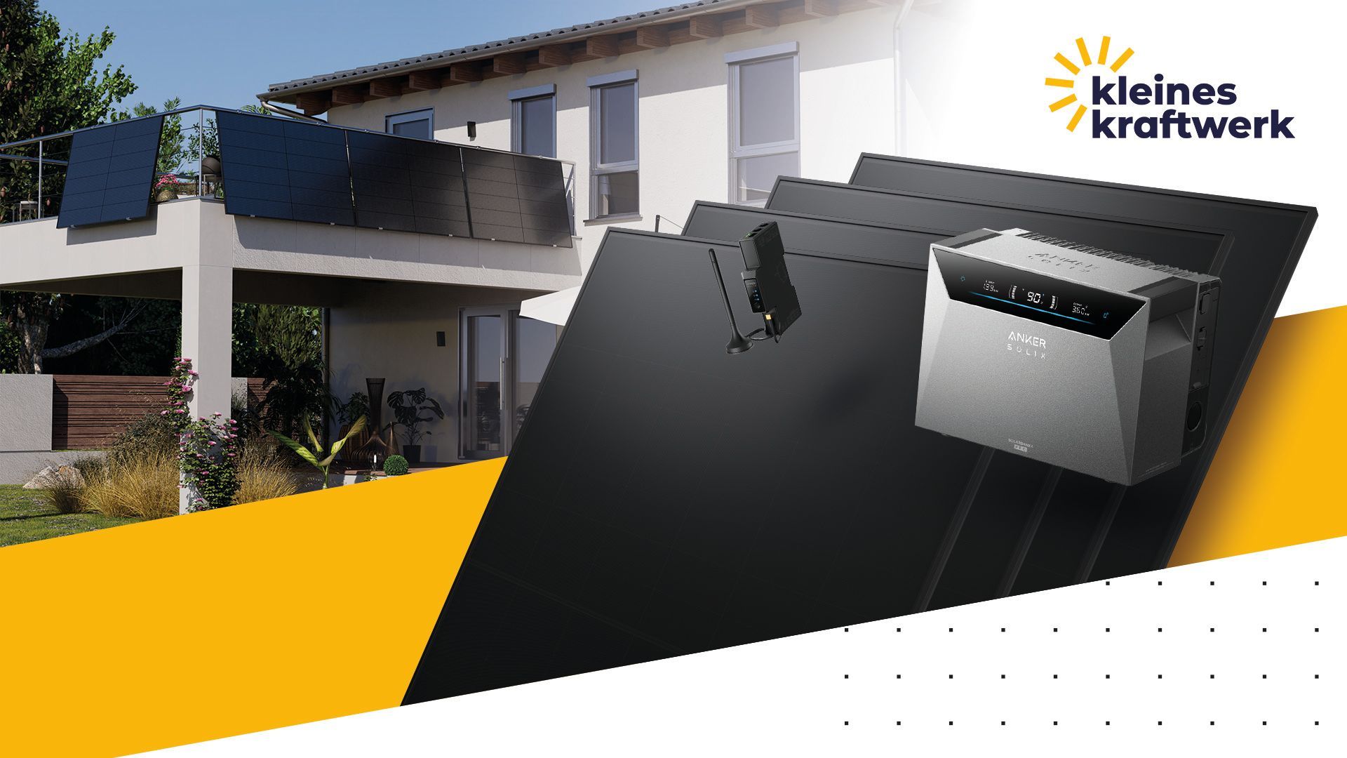 Kleines Kraftwerk Balkonkraftwerk-Set mit Anker SOLIX Solarbank 4 Pro Speicher und Solarmodulen vor einem Einfamilienhaus mit Gitterbalkon und blauem Himmel.