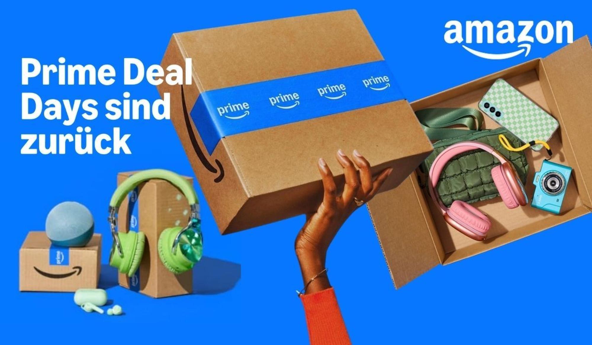 Prime Deal Days Ankündigung 6. und 7. Oktober mit Design von Amazon Paketen und Produkten auf blauem Hintergrund.