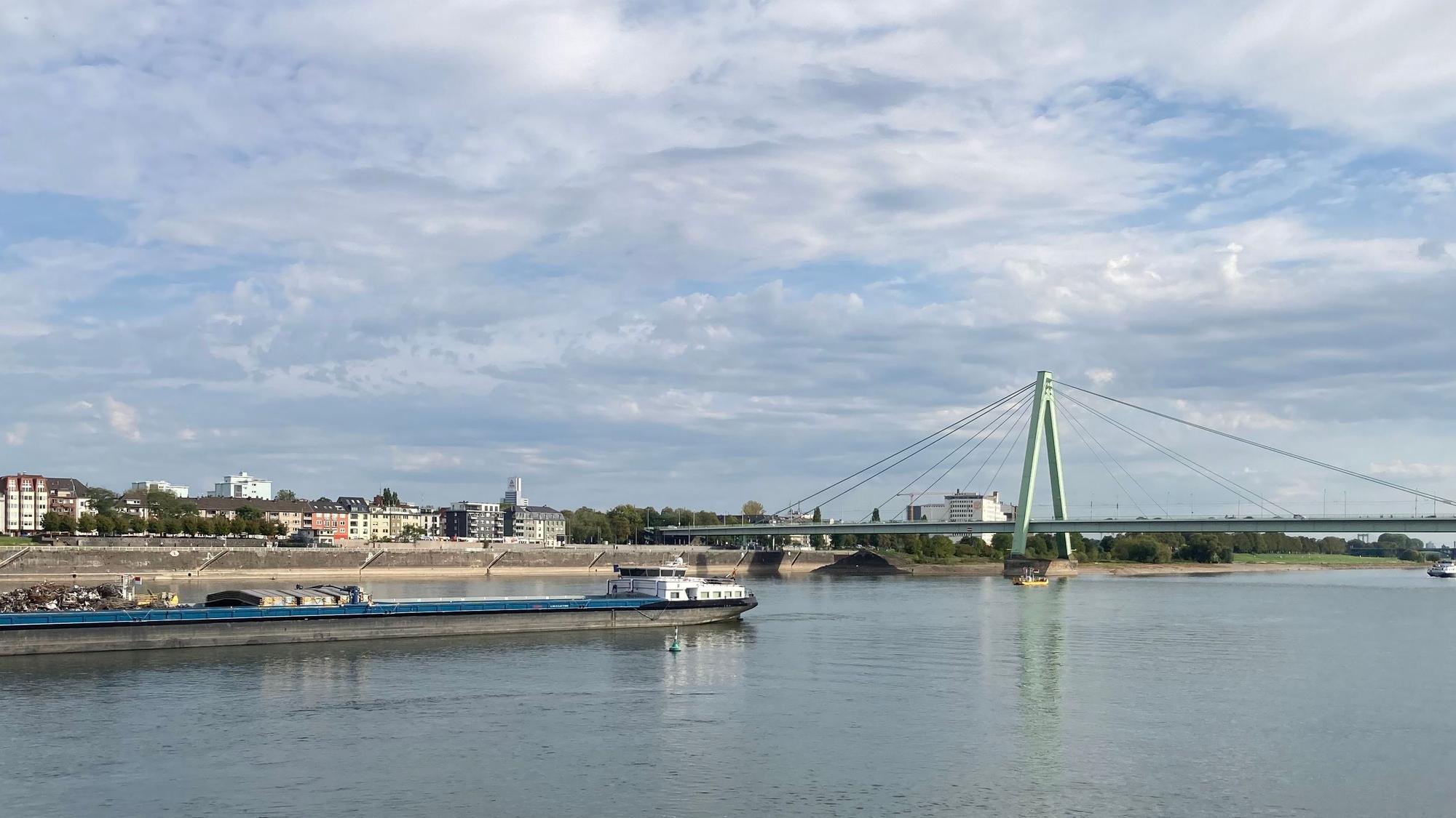 Blick über den Rhein auf den geplanten Standort des Hochhauses (links neben der Brückenpylone am Rheinufer).