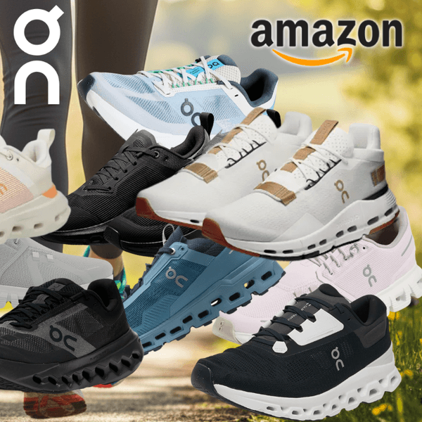 On Running Laufschuhe und Sneaker in verschiedenen Farben vor einem sommerlichen Park-Hintergrund mit Joggerbeinen.