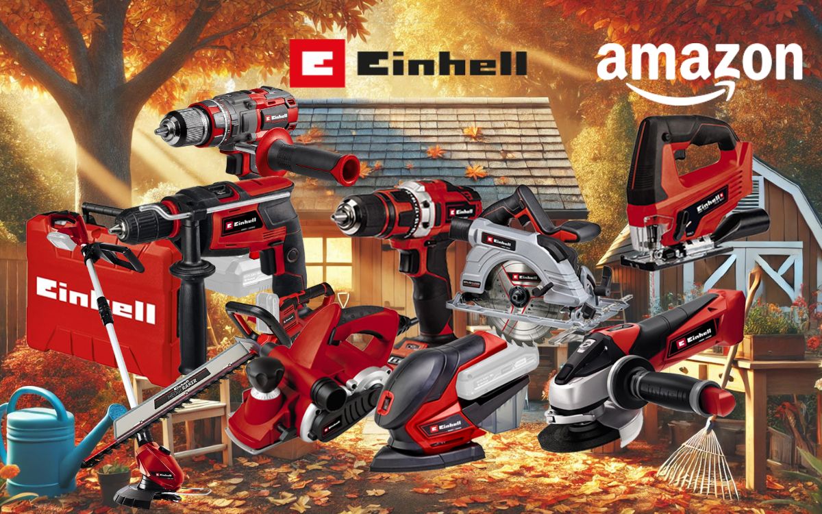 Collage verschiedener roter Einhell Werkzeuge und Gartengeräte (Winkelschleifer, Bohrhammer, Akkubohrer, Stichsäge, Kreissäge, Rasenmäher, Rasentrimmer und ein roter Einhell Werkzeugkoffer) vor einem dunklen technischen Hintergrund mit lila Neonlicht-Akzenten. Links mittig das Amazon-Logo.