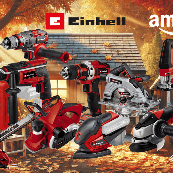 Collage verschiedener roter Einhell Werkzeuge und Gartengeräte (Winkelschleifer, Bohrhammer, Akkubohrer, Stichsäge, Kreissäge, Rasenmäher, Rasentrimmer und ein roter Einhell Werkzeugkoffer) vor einem dunklen technischen Hintergrund mit lila Neonlicht-Akzenten. Links mittig das Amazon-Logo.