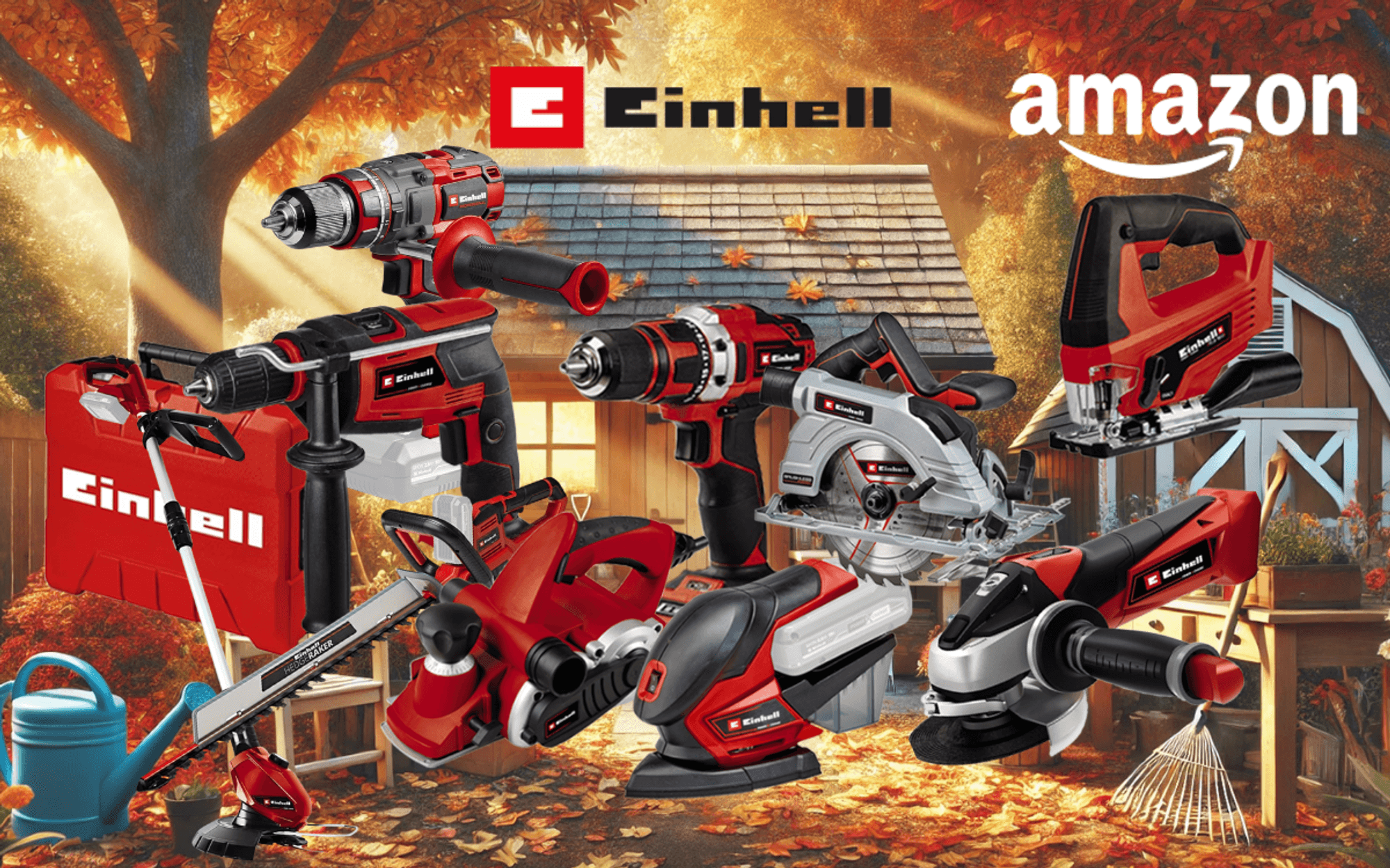 Collage verschiedener roter Einhell Werkzeuge und Gartengeräte (Winkelschleifer, Bohrhammer, Akkubohrer, Stichsäge, Kreissäge, Rasenmäher, Rasentrimmer und ein roter Einhell Werkzeugkoffer) vor einem dunklen technischen Hintergrund mit lila Neonlicht-Akzenten. Links mittig das Amazon-Logo.