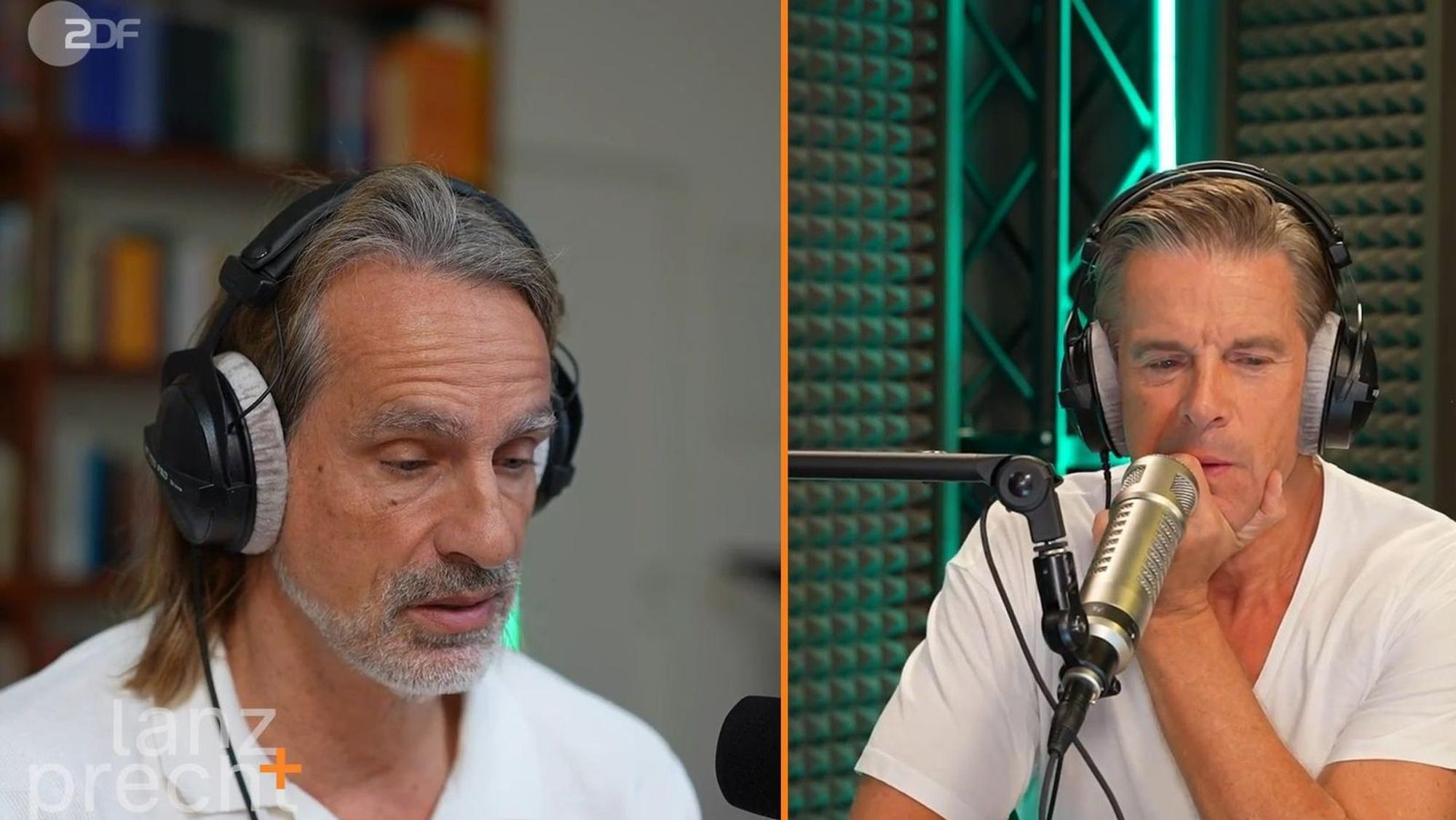 Richard David Precht (links) und Markus Lanz haben in ihrem Podcast „Lanz + Precht“ über KI gesprochen. (Bild: ZDF / Lanz + Precht)