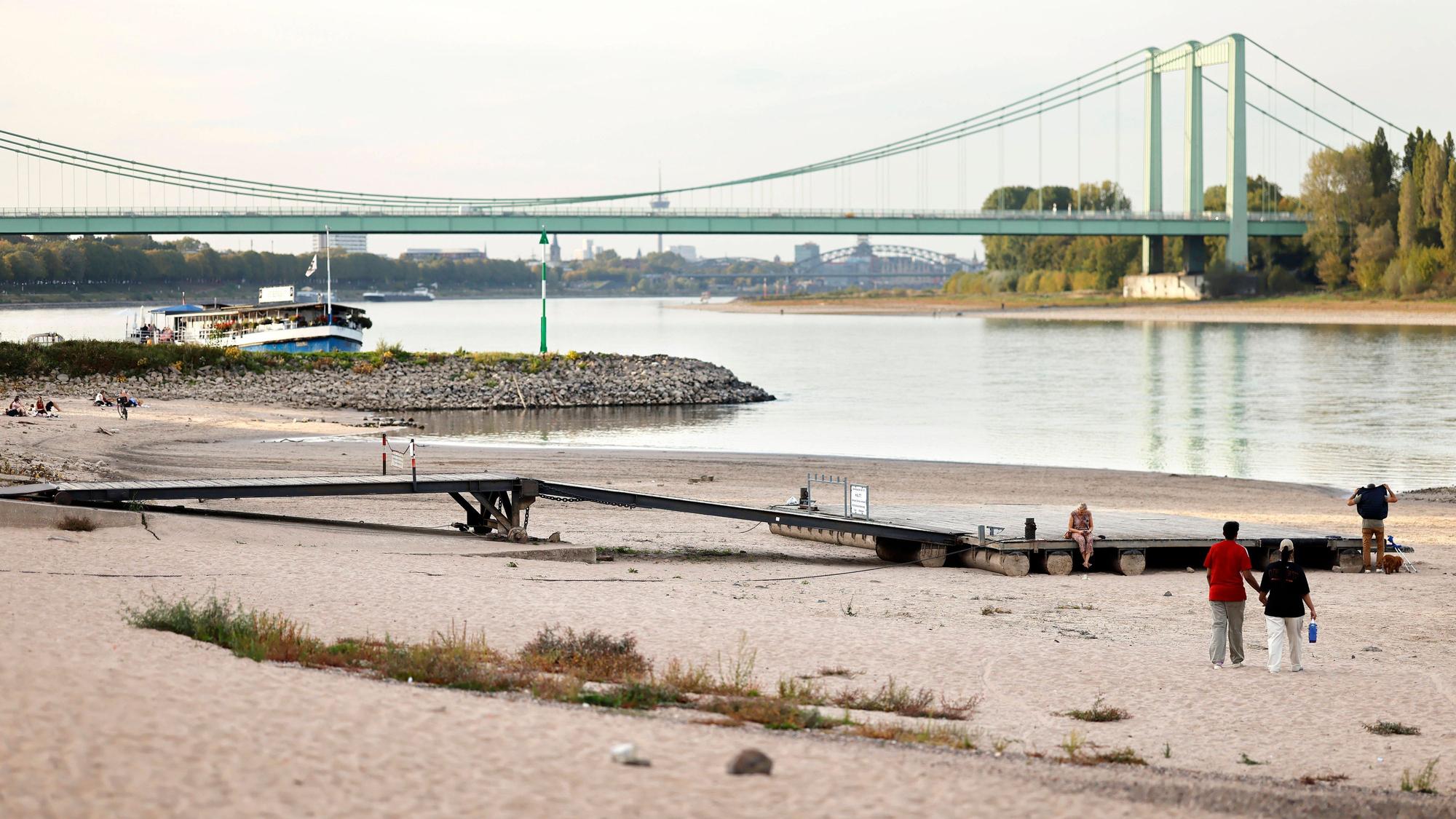 Niedrigwasser bei Rodenkirchen: Der Rheinpegel in Köln ist auf einen neuen historischen Tiefstwert gefallen.