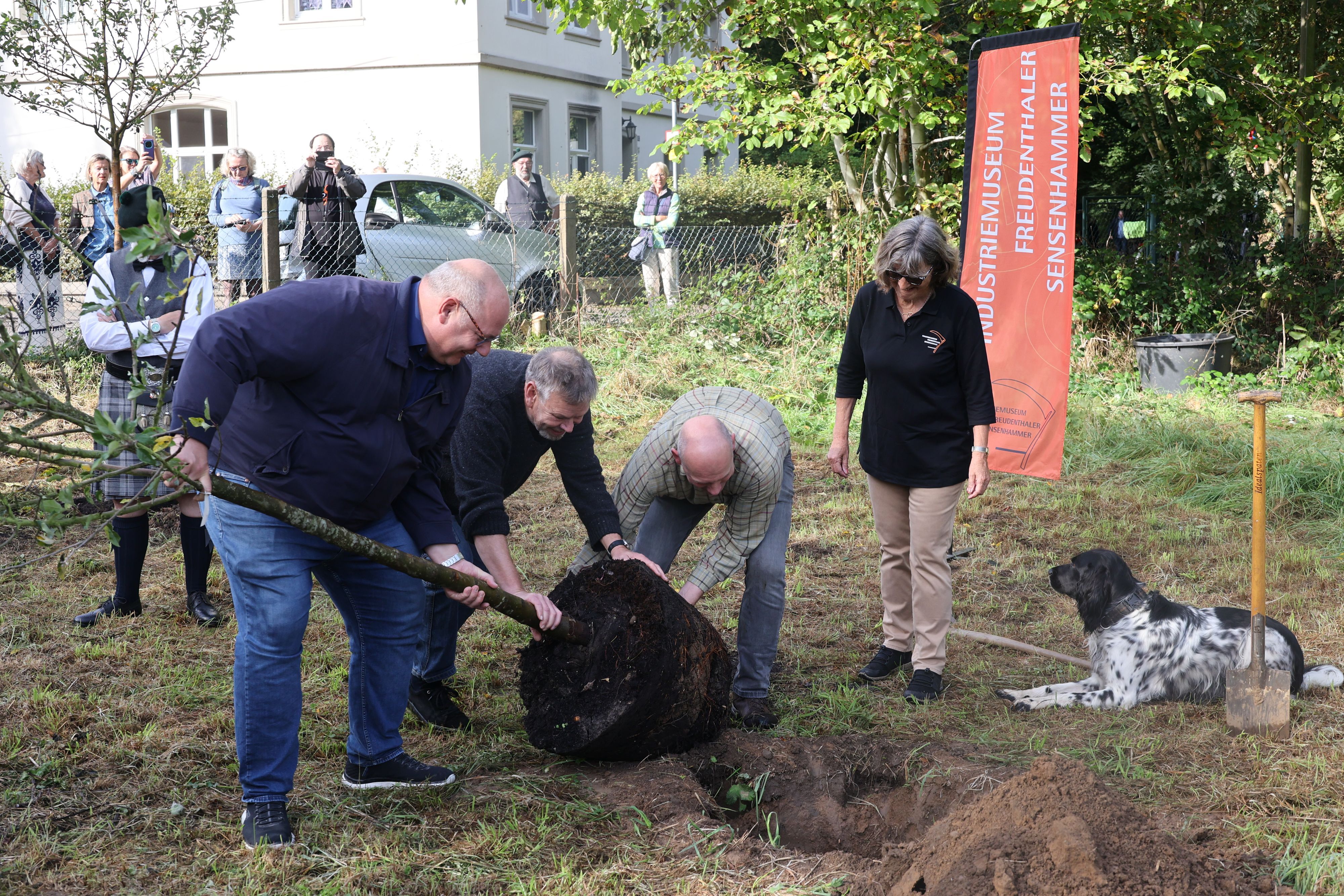OB Stefan Hebbel, Museumsleiter Jürgen Bandsom, Jens Schäperclaus und Dagmar Faust pflanzen einen Apfelbaum am Sensenhammer.