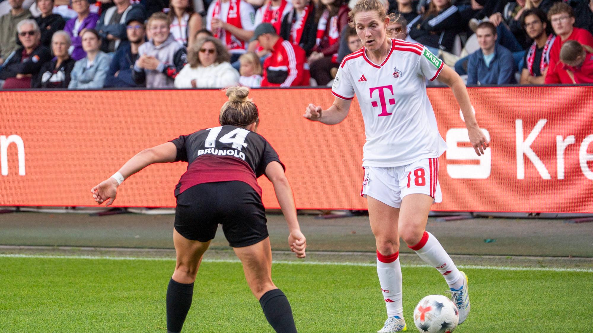 Deutschland: Google Pixel Frauen-Bundesliga 2026/2027, 6.Spieltag, 1.FC Köln vs SC Freiburg, Samstag, 03.10.2026, Franz-Kremer-Stadion Köln-Westfalen: Taylor Ziemer 1.FC Köln,18 Zweikampf, Spielszene, Duell, duel, tackle, tackling, Dynamik, Action, Aktion gegen Carina Brunold SC Freiburg, 14 Köln Franz-Kremer-Stadion, Köln Deutschland *** Germany Google Pixel Women s Bundesliga 20262027, Matchday 6, 1. FC Köln vs. SC Freiburg, Saturday, October 3, 2026, Franz Kremer Stadium, Cologne, Westphalia Taylor Ziemer, 1 FC Köln, 18 tackle, match action, duel, dynamic, action against Carina Brunold, SC Freiburg, 14 Cologne, Franz Kremer Stadium, Cologne, Germany Copyright: xOrhanxHabashx