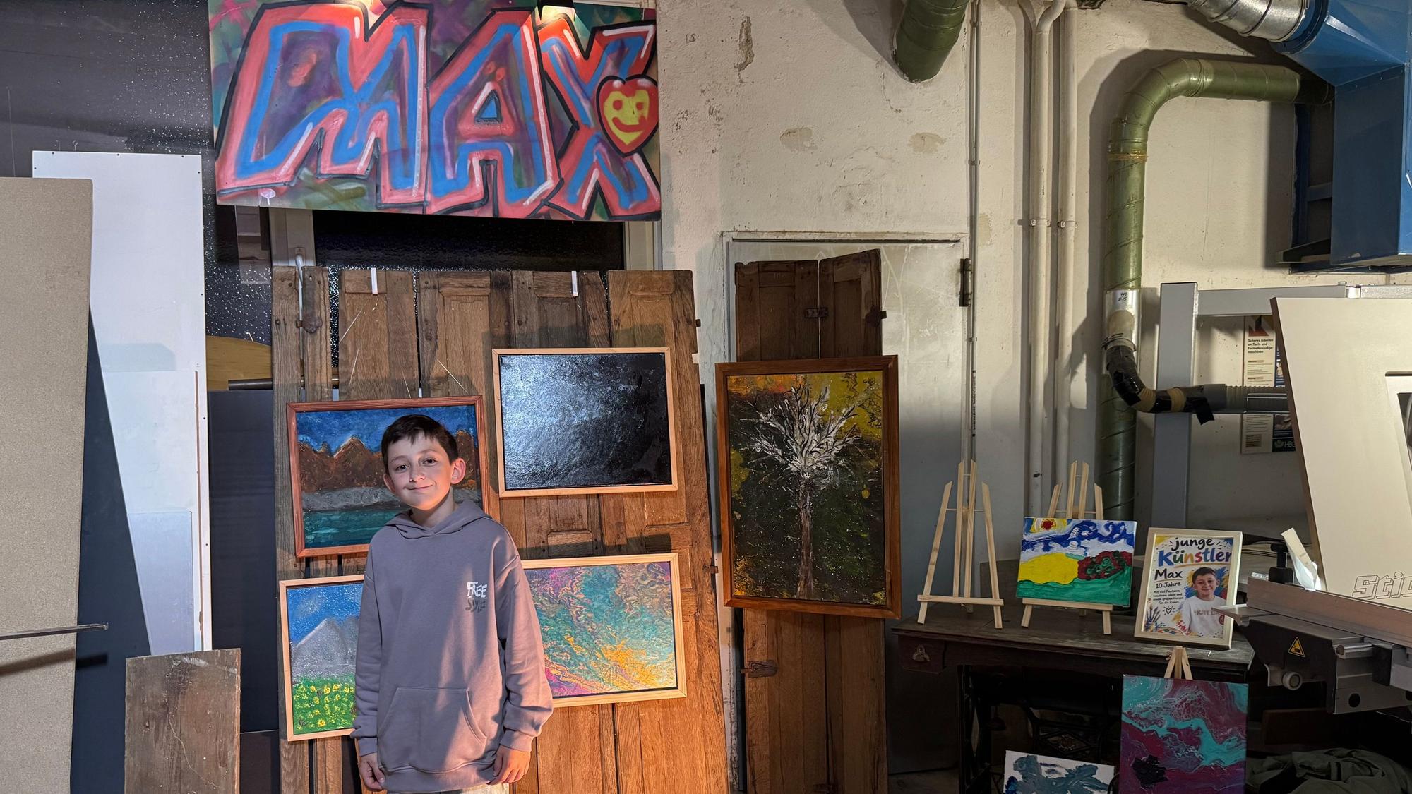 Max Stich, zehn Jahre alt, mit Kunst in der väterlichen Schreinerei