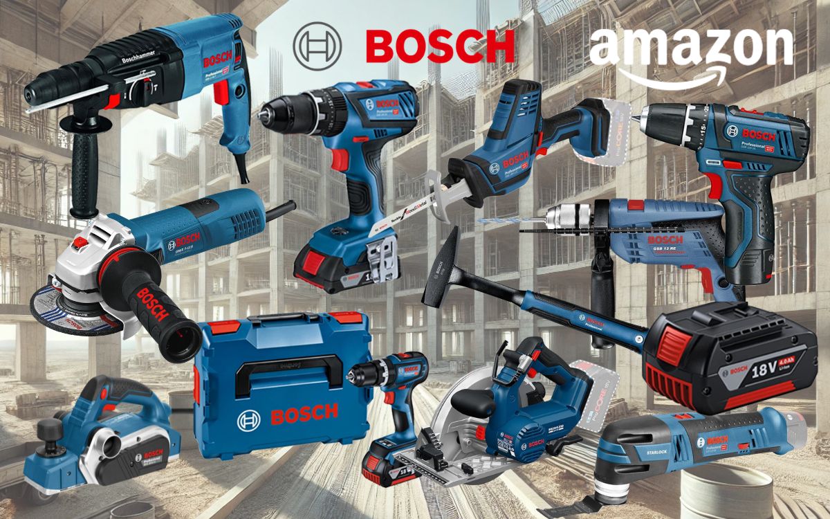 Bosch Professional Werkzeug wie Bohrmaschine und Winkelschleifer vor einem schwarzen Hintergrund.