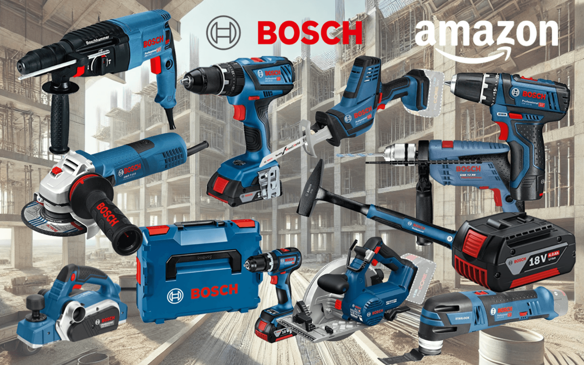Bosch Professional Werkzeug wie Bohrmaschine und Winkelschleifer vor einem schwarzen Hintergrund.