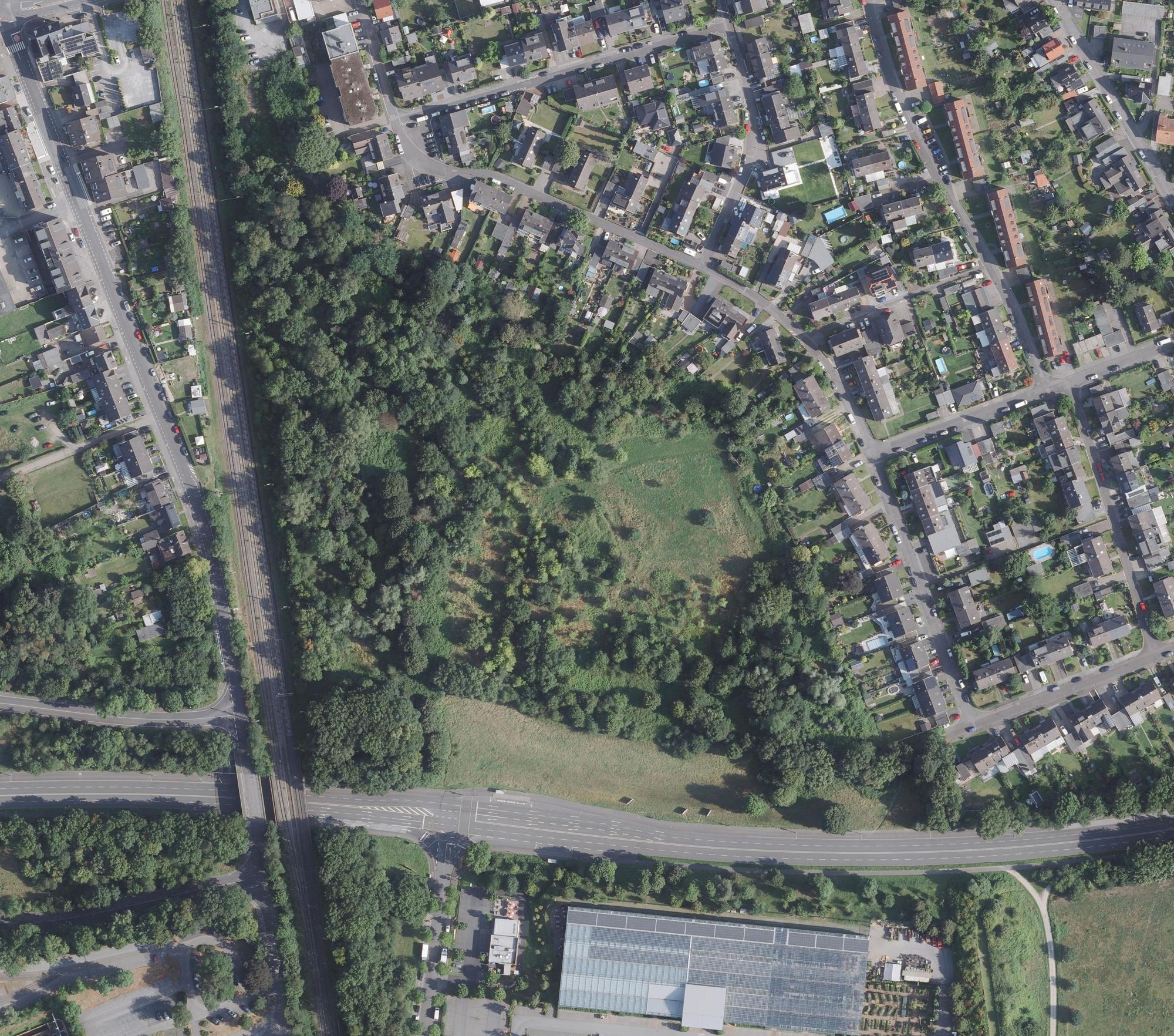 Die ehemalige Deponie Petersberg, heute eine Altlast mit viel Grün an der Oberfläche, liegt zwischen der Bahnlinie und der Petersbergstraße, im Süden wird sie vom Willy-Brandt-Ring begrenzt. Foto: Geobasis NRW