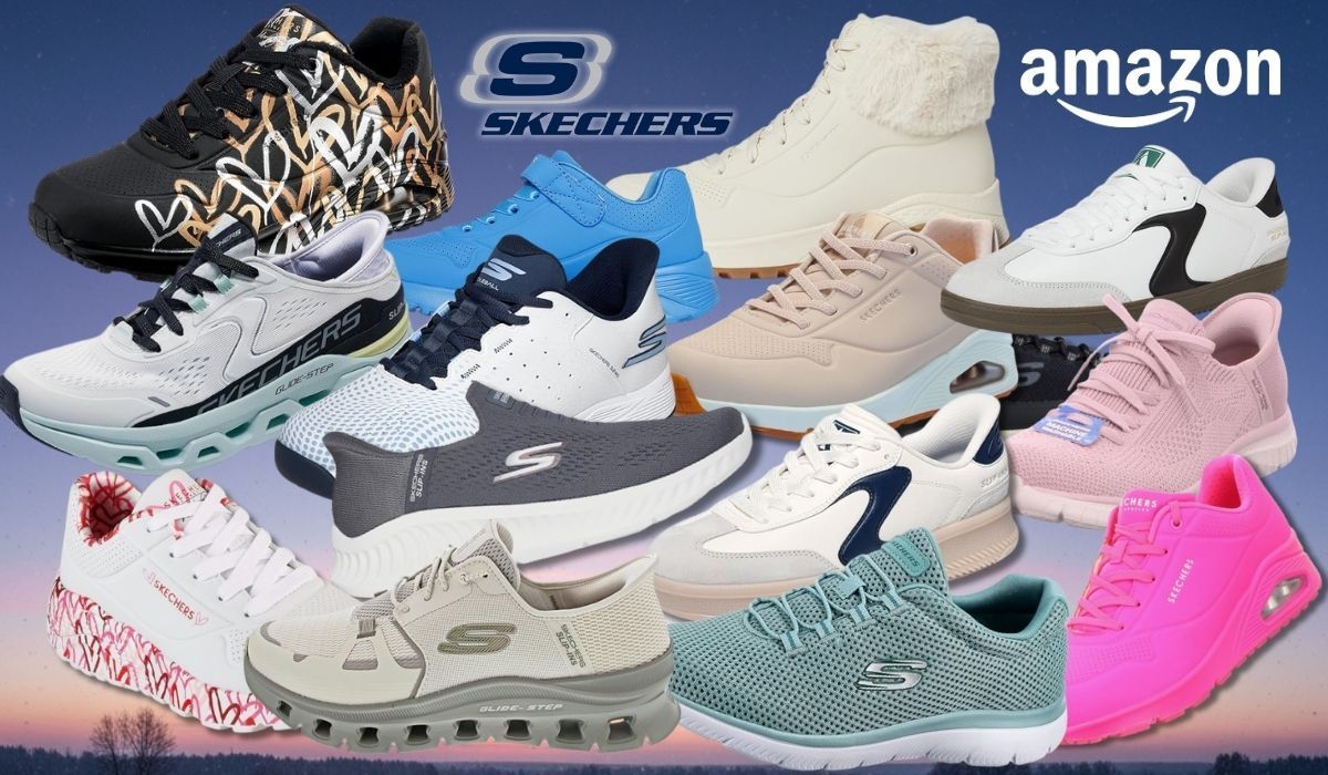 Verschiedene Skechers Sneaker vor einem dunkelblauem Himmel im Hintergrund.