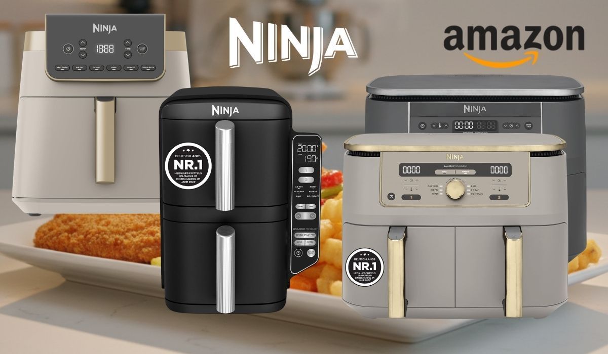 Ninja Heißluftfritteusen Airfryer in verschiedenen Modellen vor einem Küchenhintergrund.