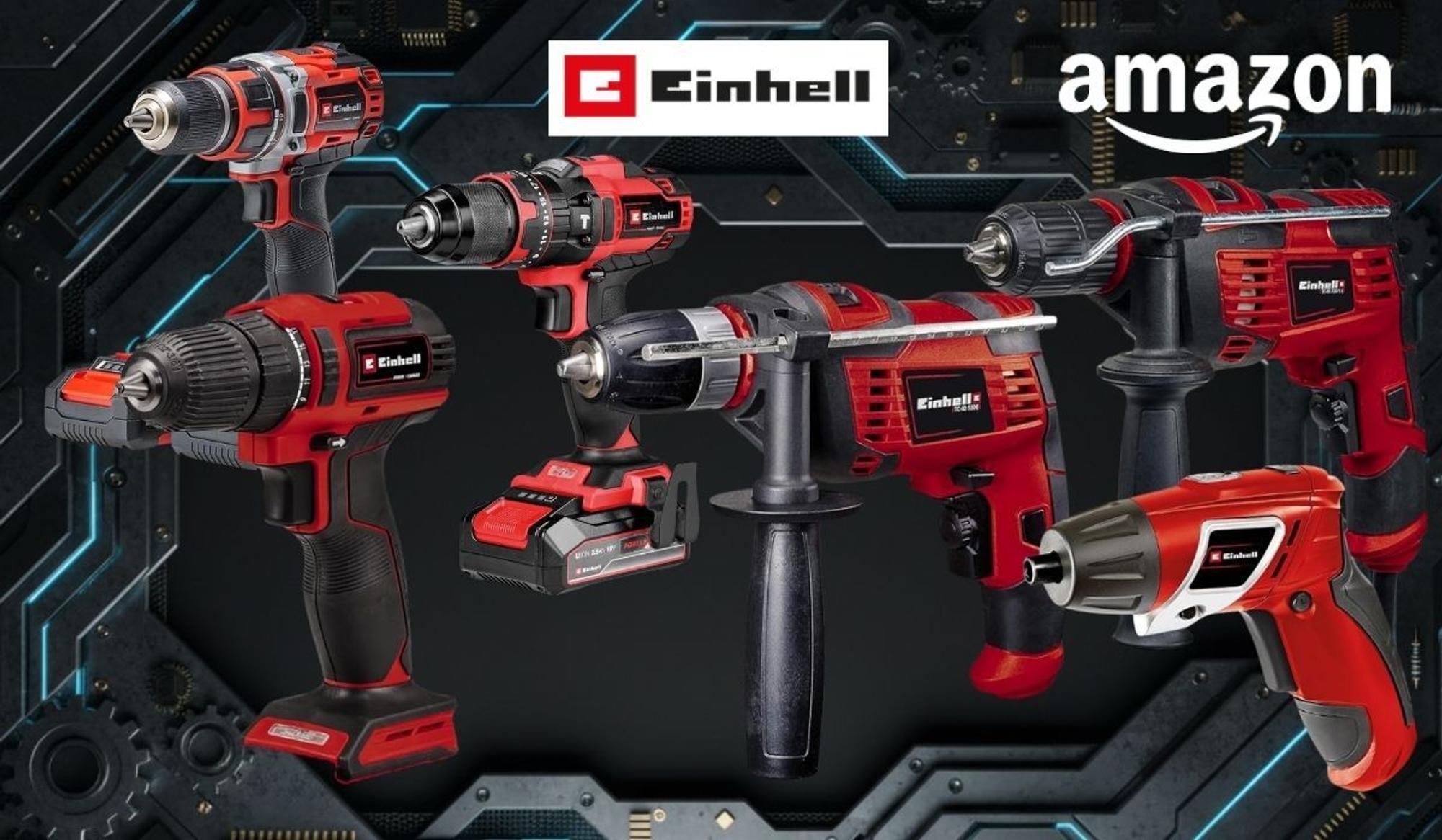 Einhell Bohrmaschinen und Akkuschrauber vor einem technischen, dunklen Hintergrund.