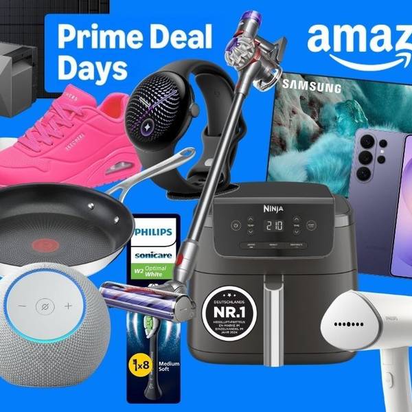 Collage mit Produkten der Amazon Prime Deal Days auf blauem Hintergrund: Samsung-Fernseher und Galaxy S26 Ultra, Ninja-Heißluftfritteuse, Philips-Sonicare-Aufsteckbürsten und Philips-Dampfglätter, Tefal-Pfanne, Akku-Staubsauger, Smartwatch, Echo-Lautsprecher, Blink-Kameras, pinkfarbener Skechers-Sneaker, Jeans, Boss-Boxershorts und ein Anker-Solix-Solarprodukt, dazu die Logos von Amazon und Prime Deal Days.