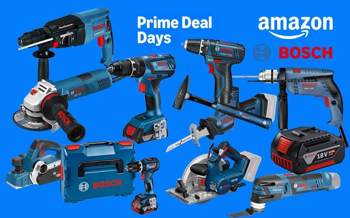 Bosch Professional Werkzeuge vor blauem Hintergrund.