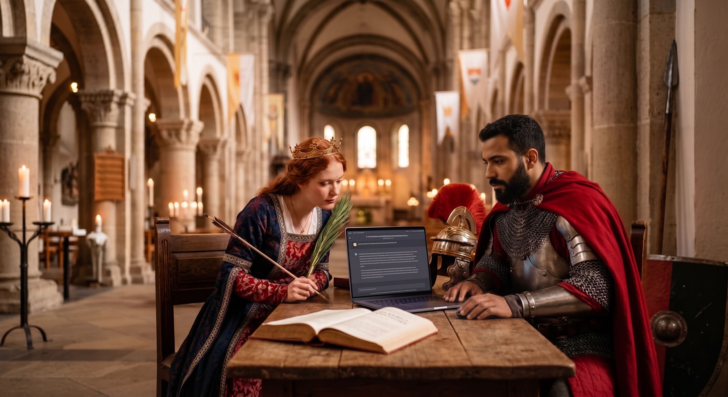 Das KI-generierte Bild zeigt die Kölner Stadtpatrone St. Gereon und St. Ursula mit einem Notebook an einem Tisch in einer Kirche.