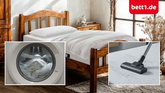 Bett mit BODYGUARD-Matratze in einem Schlafzimmer; eingeblendete Detailbilder zeigen einen Staubsauger auf einer Matratze und Bettwäsche in einer laufenden Waschmaschine, oben rechts ist das Logo von bett1.de zu sehen.