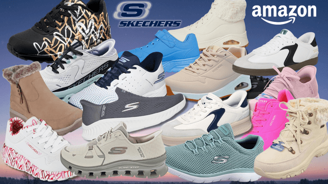 Verschiedene Skechers Sneaker vor einem dunkelblauem Himmel im Hintergrund.