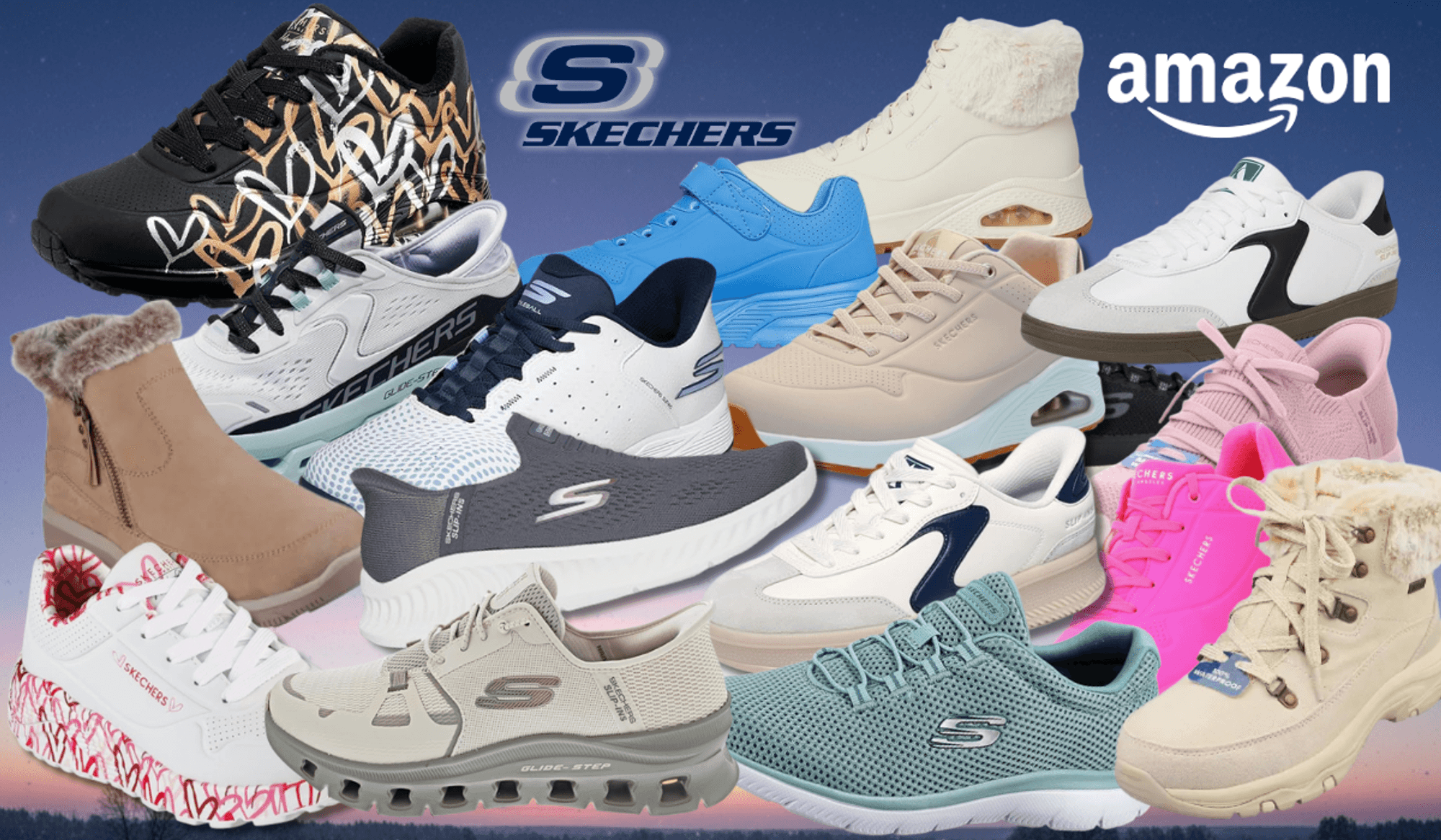 Verschiedene Skechers Sneaker vor einem dunkelblauem Himmel im Hintergrund.