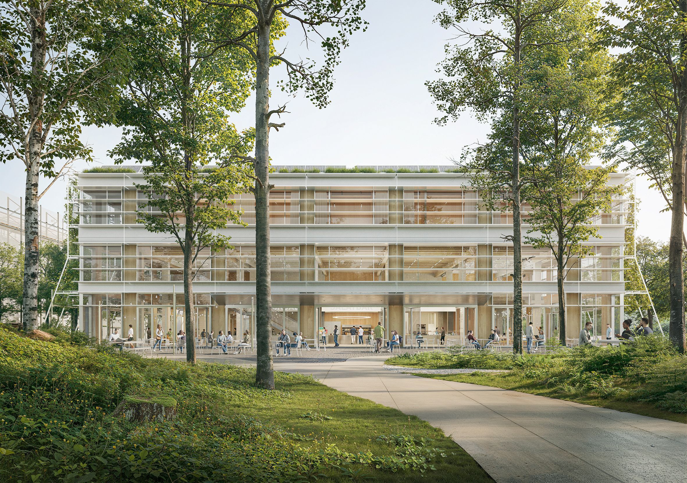 Blick auf die neue Mensa mit ihrem großzügigen Entree zum Campusplatz