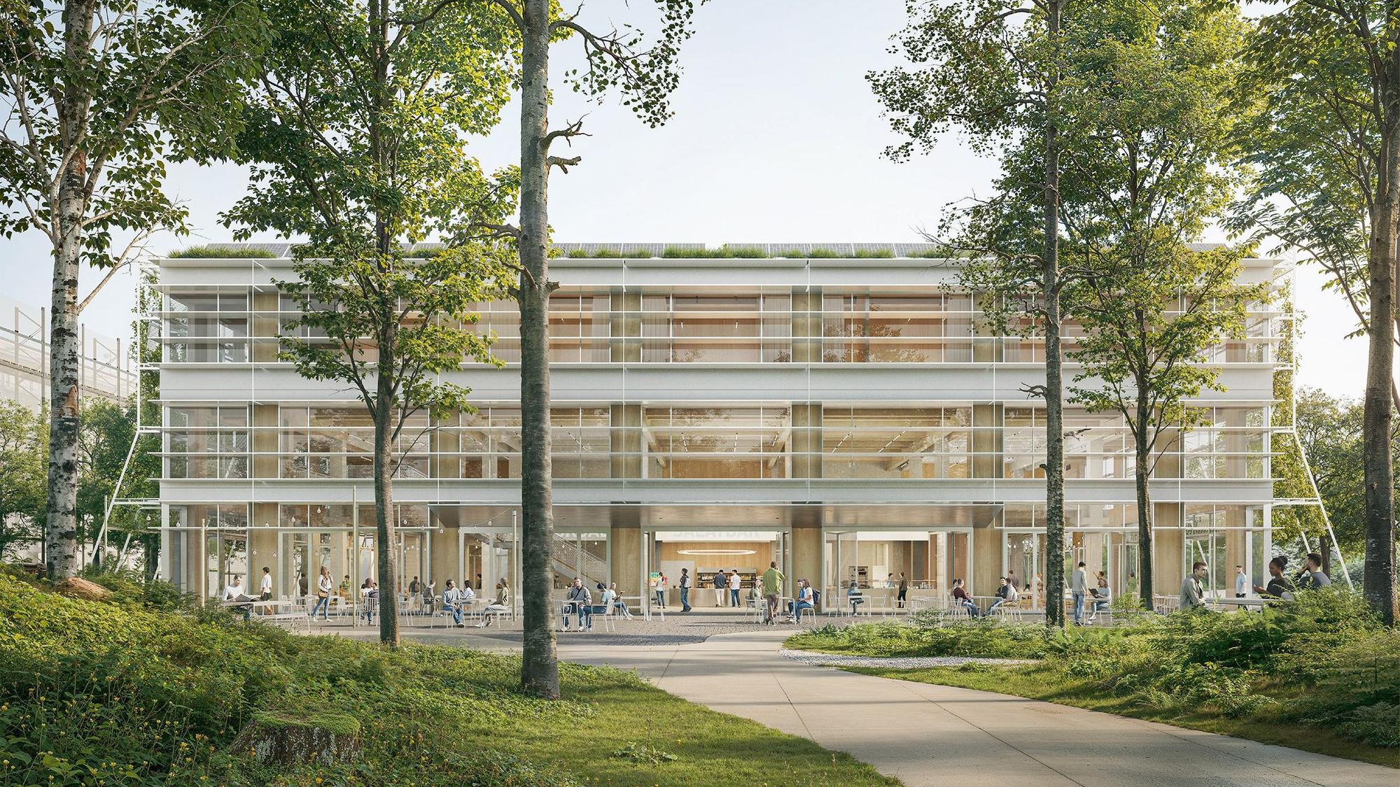 Blick auf die neue Mensa mit ihrem großzügigen Entree zum Campusplatz
