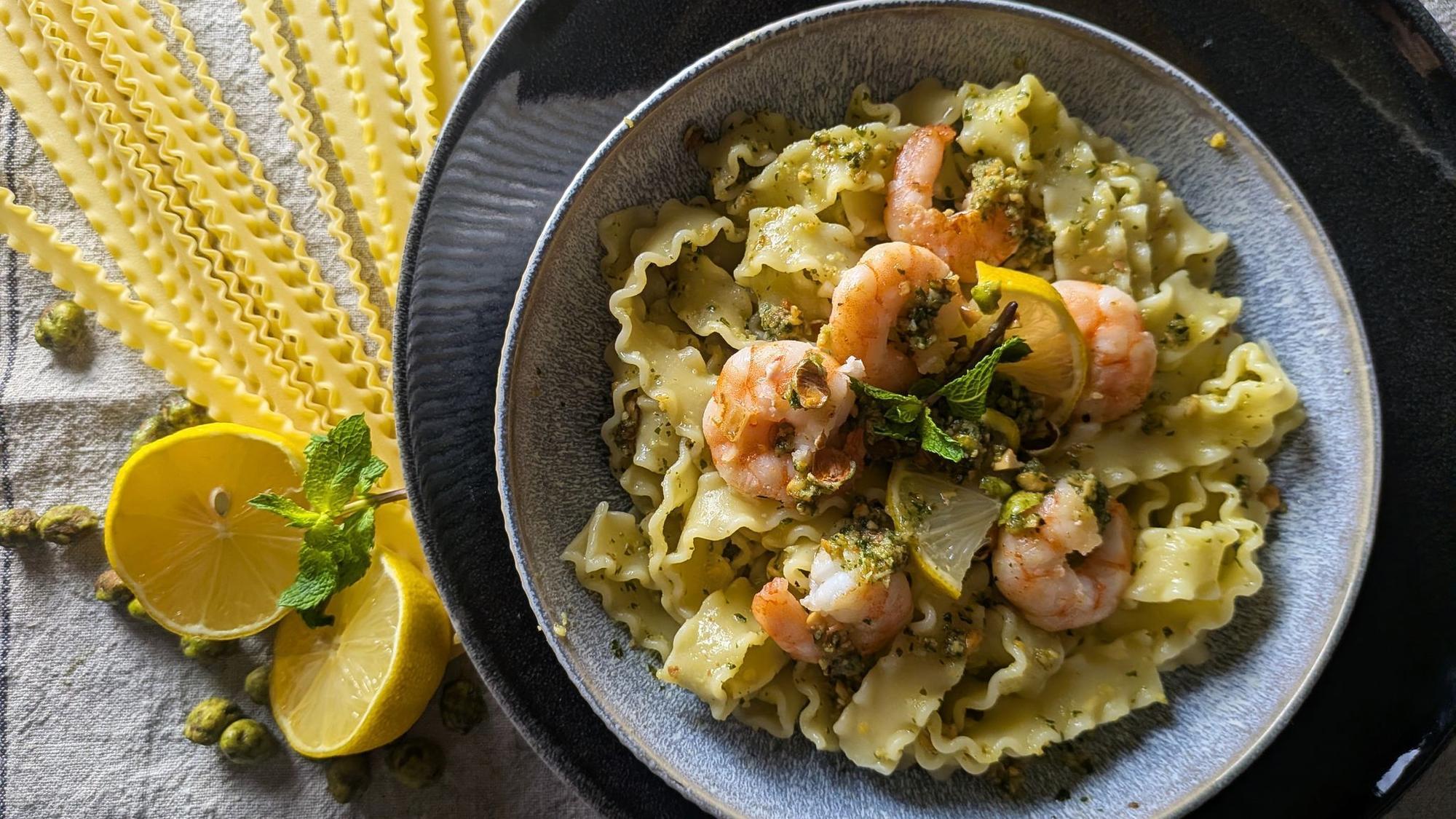 Pasta mit Garnelen und Wasabi-Pesto.