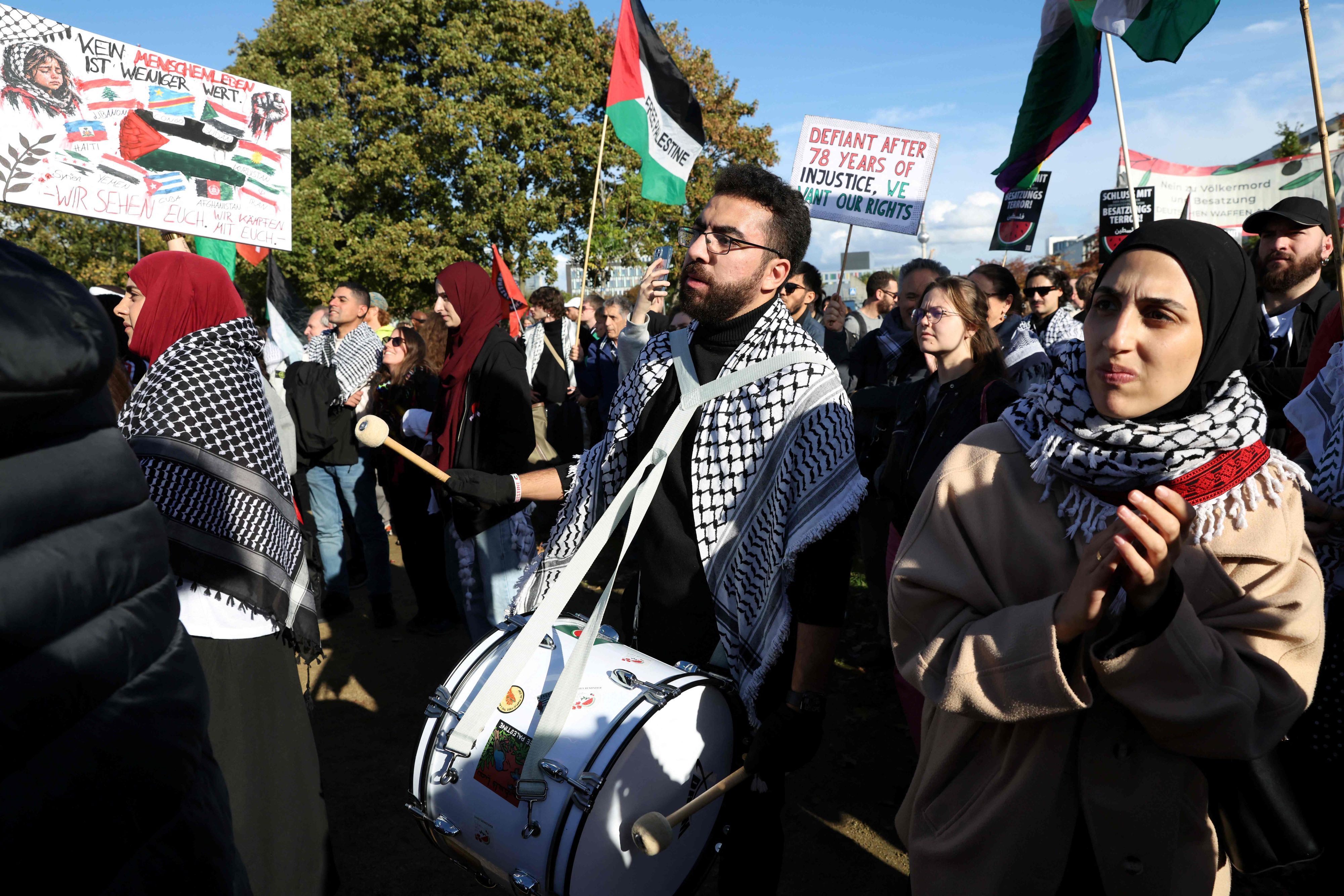 Participants attend a pro-Palestinian demonstration under the motto 'United4Palestine' in Berlin on October 10, 2026. (Photo by Adam BERRY / AFP)