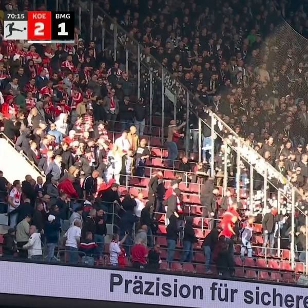 Ausschreitungen während des Derbys in der Nordost-Ecke des Rhein-Energie-Stadions, wo eine trennende Glasscheibe zu Bruch ging.