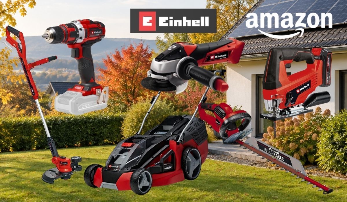 Einhell Werkzeuge und Gartengeräte vor einem Hintergrund mit Einfamilienhaus mit Garten im Herst.