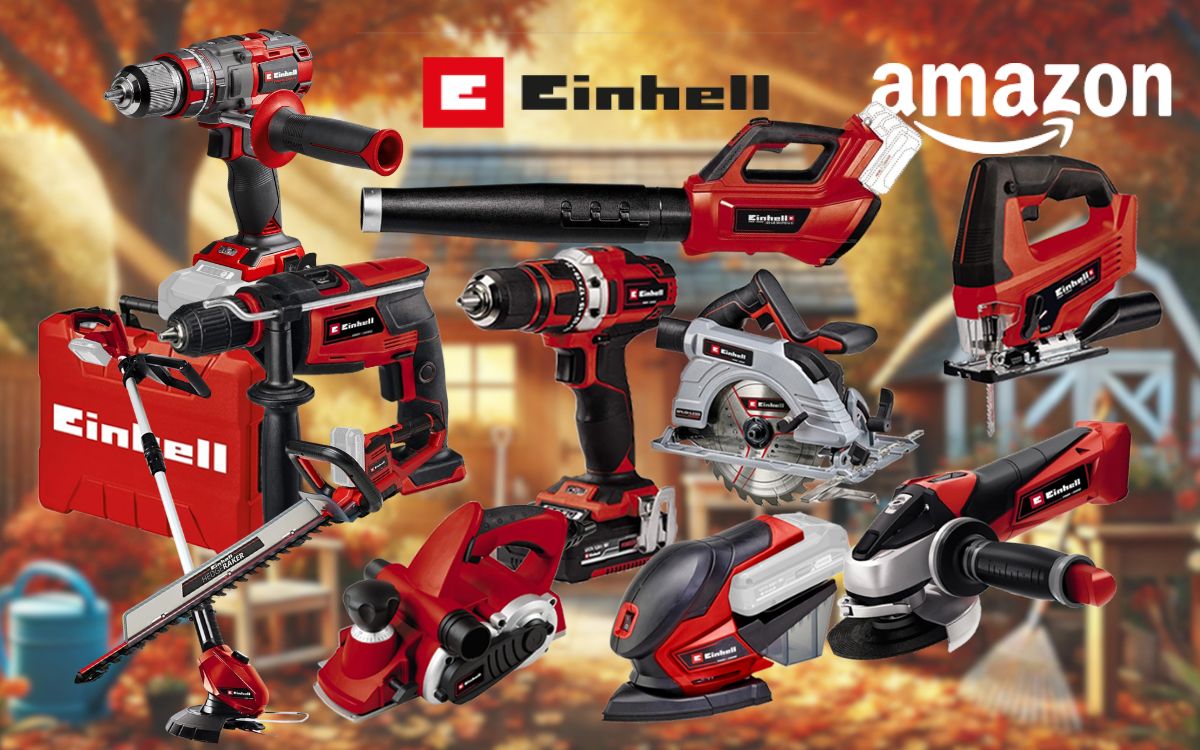 Collage verschiedener roter Einhell Werkzeuge und Gartengeräte (Winkelschleifer, Bohrhammer, Akkubohrer, Stichsäge, Kreissäge, Rasenmäher, Rasentrimmer und ein roter Einhell Werkzeugkoffer) vor einem dunklen technischen Hintergrund mit lila Neonlicht-Akzenten. Links mittig das Amazon-Logo.