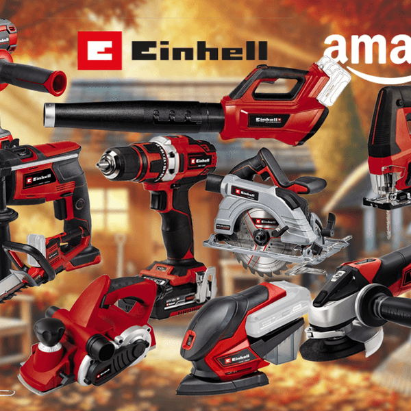 Collage verschiedener roter Einhell Werkzeuge und Gartengeräte (Winkelschleifer, Bohrhammer, Akkubohrer, Stichsäge, Kreissäge, Rasenmäher, Rasentrimmer und ein roter Einhell Werkzeugkoffer) vor einem dunklen technischen Hintergrund mit lila Neonlicht-Akzenten. Links mittig das Amazon-Logo.