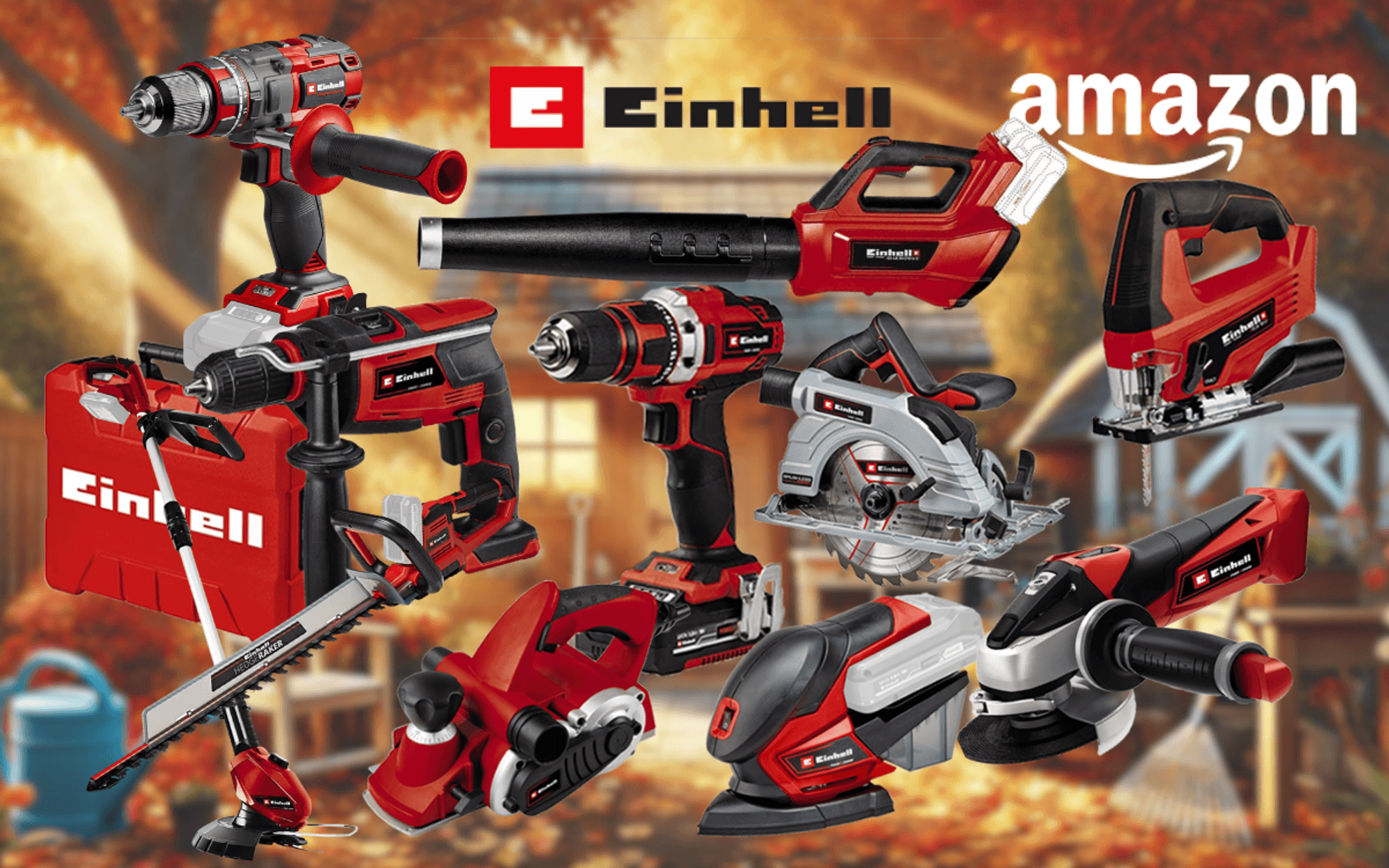 Collage verschiedener roter Einhell Werkzeuge und Gartengeräte (Winkelschleifer, Bohrhammer, Akkubohrer, Stichsäge, Kreissäge, Rasenmäher, Rasentrimmer und ein roter Einhell Werkzeugkoffer) vor einem dunklen technischen Hintergrund mit lila Neonlicht-Akzenten. Links mittig das Amazon-Logo.