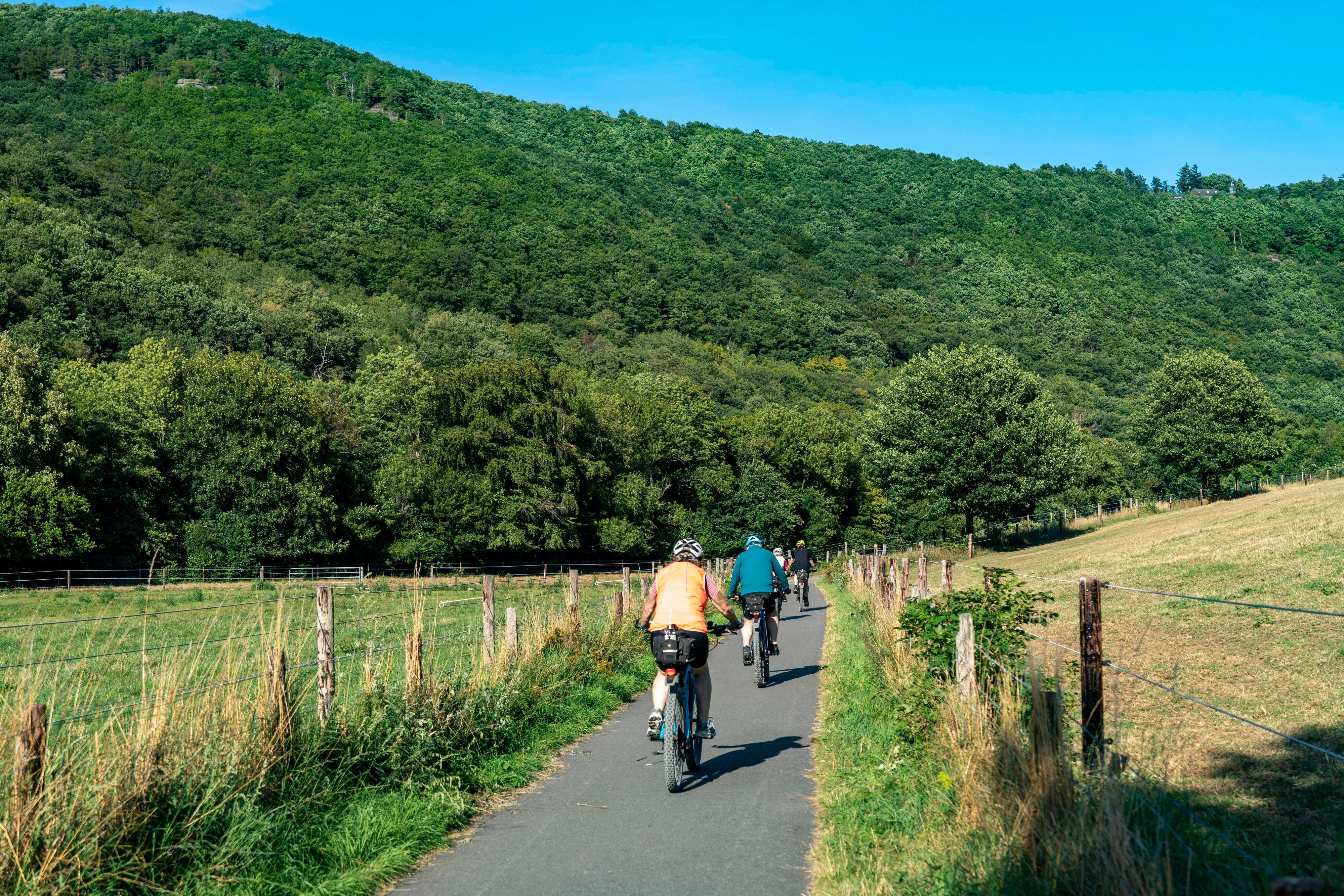 Abseits der asphaltierten Autostrecken führen gut ausgebaute Radwege durch die weiten Wiesentäler und dichten Hangwälder der Nordeifel.