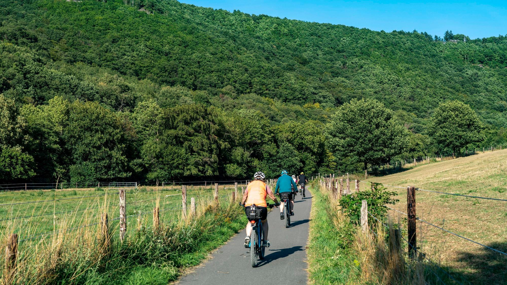 Abseits der asphaltierten Autostrecken führen gut ausgebaute Radwege durch die weiten Wiesentäler und dichten Hangwälder der Nordeifel.