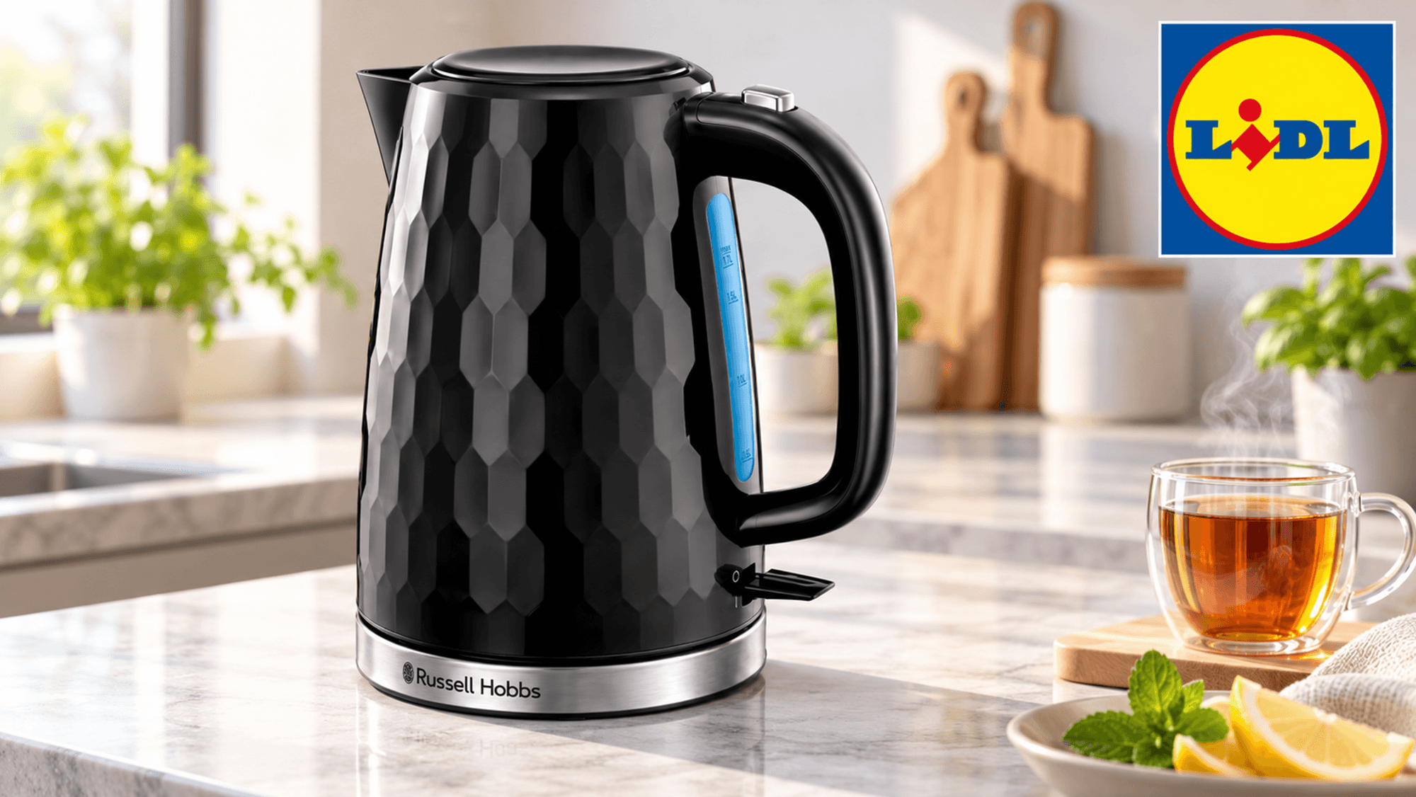 Russell Hobbs Wasserkocher in Schwarz auf einer Tischplatte in einer Küche.