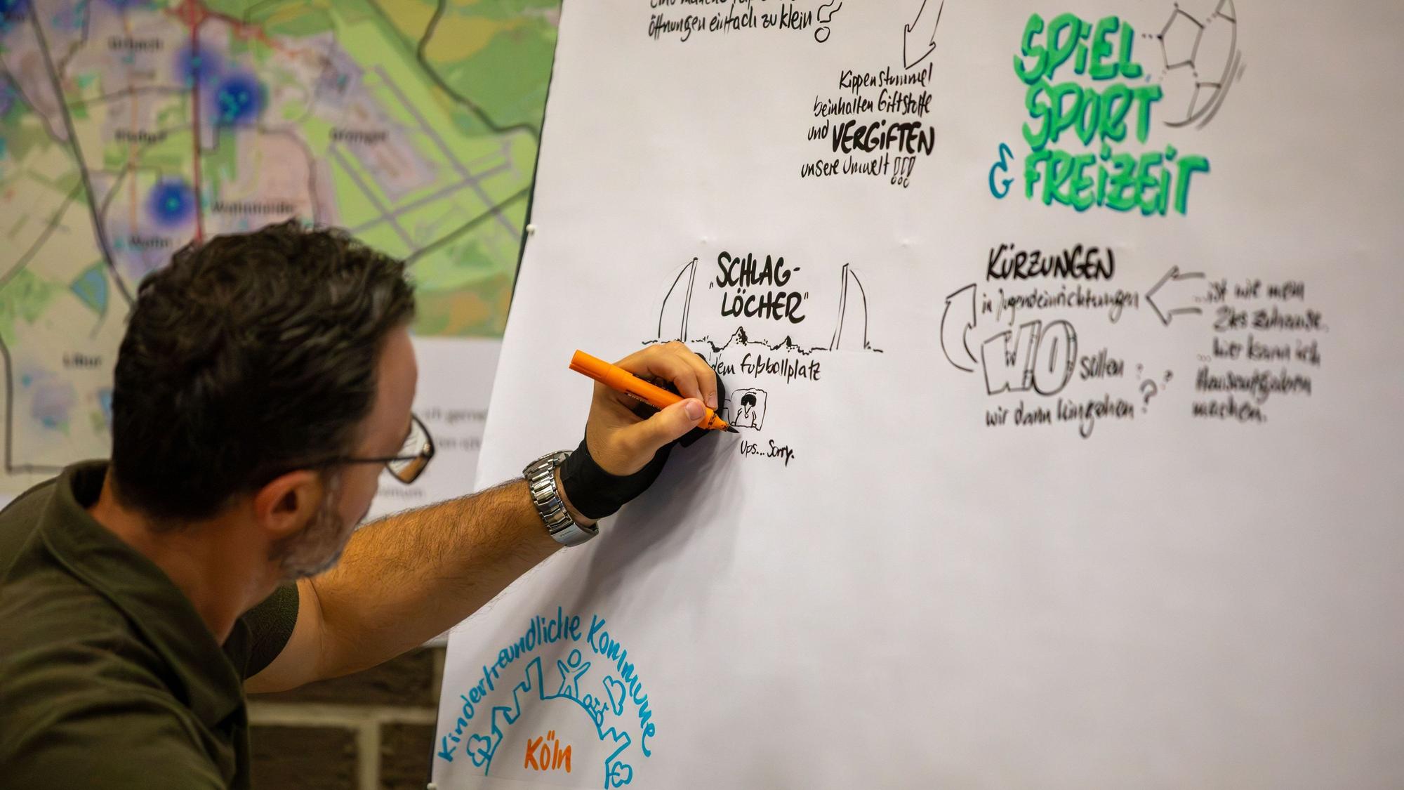 Ein Mann zeichnet auf ein Flipchart.