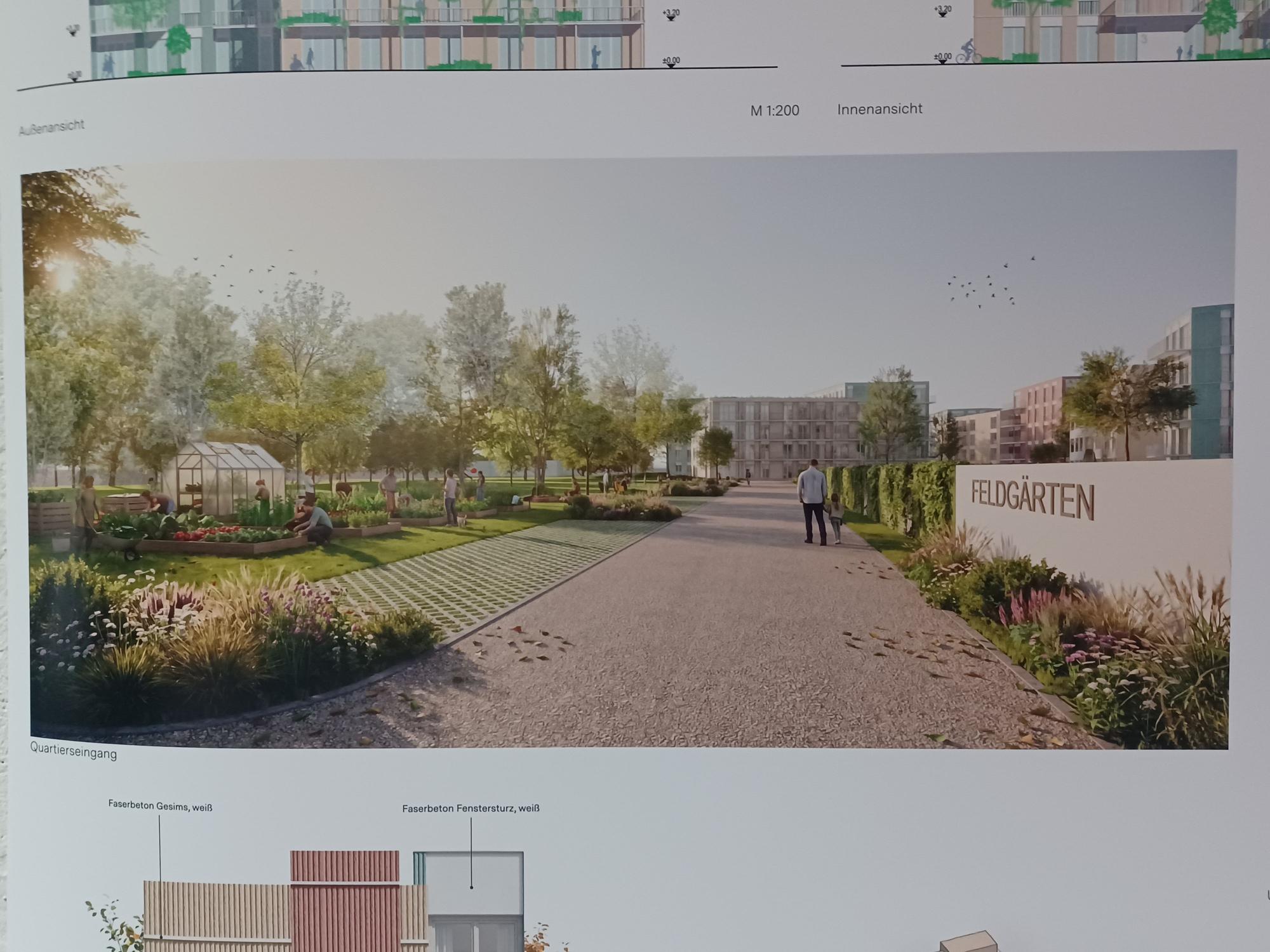 Eine Visualisierung zeigt Grünflächen und Häuserblocks.