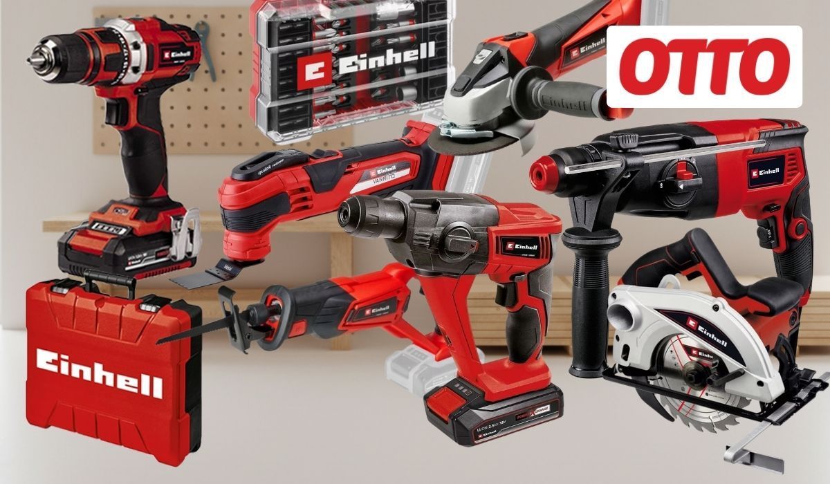 Einhell Werkzeuge und Gartengeräte wie Akkuschraube, Schlagbohrmaschine oder Winkelschleifer vor einem Werkstattregal Hintergrund.