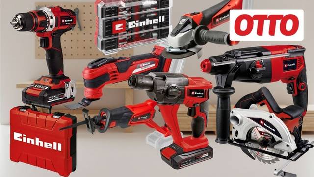 Einhell Werkzeuge und Gartengeräte wie Akkuschraube, Schlagbohrmaschine oder Winkelschleifer vor einem Werkstattregal Hintergrund.
