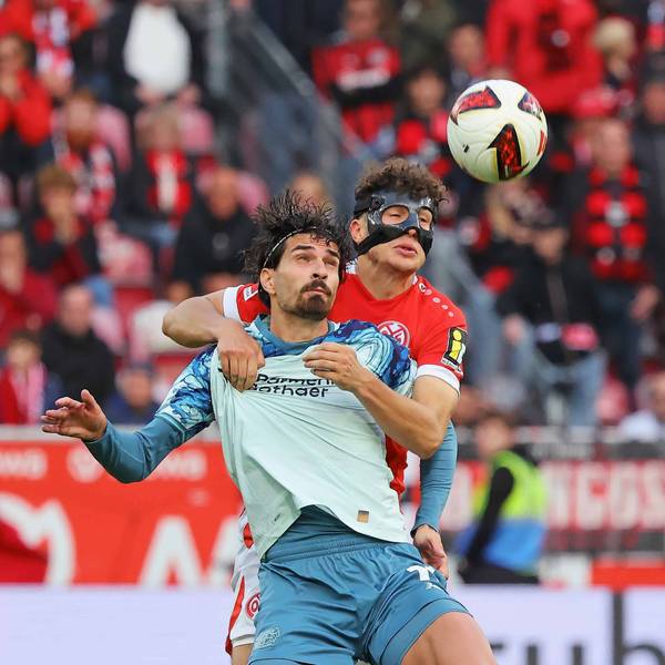 Mainz, Deutschland 10. Oktober 2026: 1. Bundesliga - 2026/2027 - 5. Spieltag - 1. FSV Mainz 05 gegen Bayer 04 Leverkusen Im Bild: v. li. im Zweikampf Martin Terrier B04 gegen Fabio Gruber M05. // DFL regulations prohibit any use of photographs as image sequences and/or quasi-video // Mewa Arena Rheinland - Pfalz *** Mainz, Germany October 10, 2026 Bundesliga 20262027 Matchday 5: FSV Mainz 05 vs. Bayer 04 Leverkusen Pictured, from left, in a tackle: Martin Terrier B04 against Fabio Gruber M05. DFL regulations prohibit any use of photographs as image sequences and/or quasi-video. Mewa Arena, Rhineland-Palatinate Copyright: xFotostandx/xRacochax