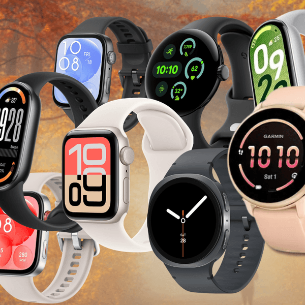 Collage mehrerer Smartwatches verschiedener Marken – darunter Apple, Samsung, Google Pixel, Garmin und Huawei – vor einem hellen, grünen Hintergrund. Ein blaues Störer-Element weist auf Rabatte von bis zu 39 Prozent zur UVP im Amazon-Sale hin.