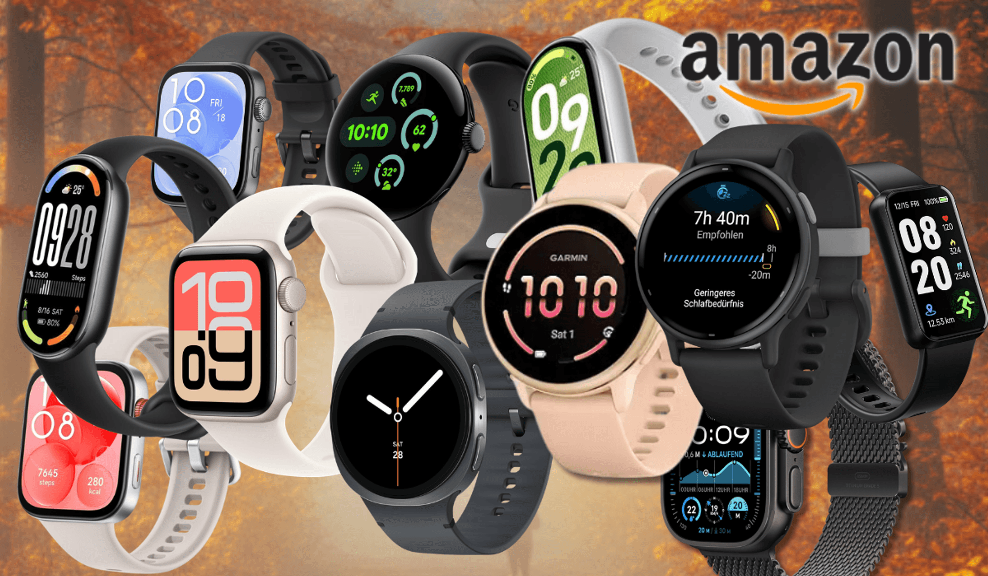 Collage mehrerer Smartwatches verschiedener Marken – darunter Apple, Samsung, Google Pixel, Garmin und Huawei – vor einem hellen, grünen Hintergrund. Ein blaues Störer-Element weist auf Rabatte von bis zu 39 Prozent zur UVP im Amazon-Sale hin.